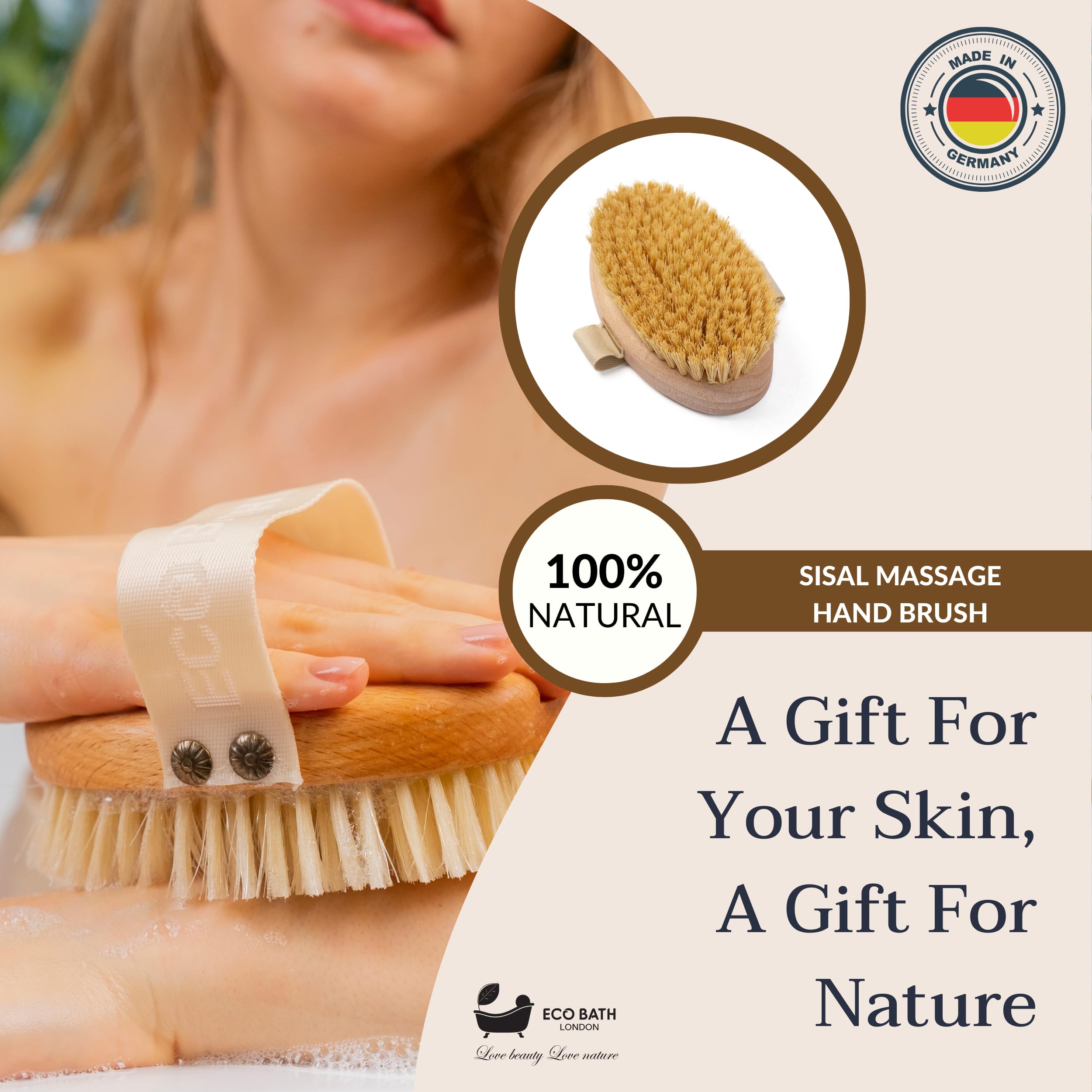 Eco Bath London Natural Sisal Massage Hand Brush - Exfoliating Dry Body Brush for Skin Renewal & Circulation Boost with Natural Bristles | Perfect for Spa, Home Use & Self-Care Routine