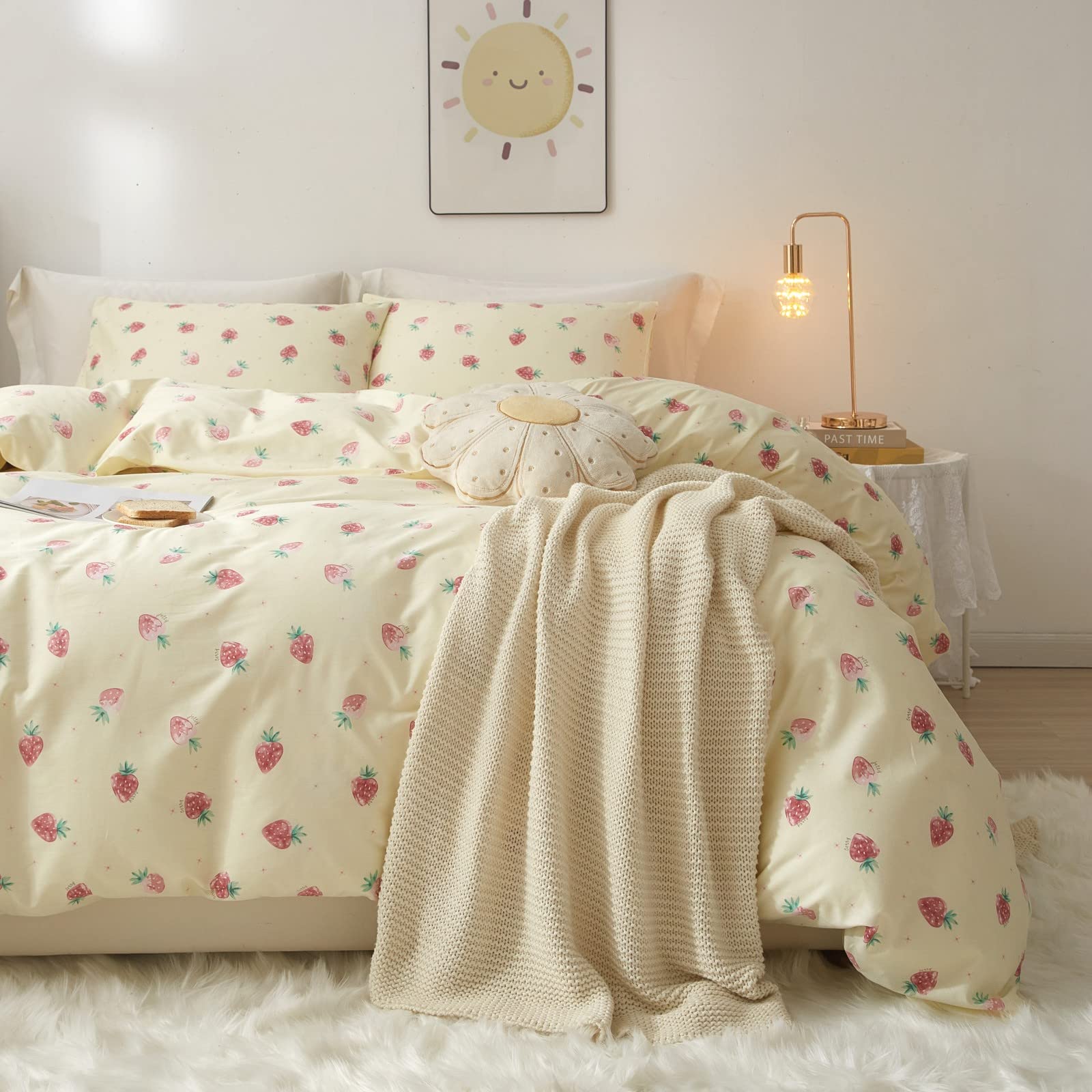 Soft AOJIM 100% Pure Cotton Kids Duvet Cover Set with Cute Strawberry Print - Twin Size Reversible Comforter Cover + 2 Pillowcases (3pc) for Girls' Bedroom Decor | Machine Washable & Hypoallergenic | Perfect for Nursery, Sleepovers & Cozy Bedtime