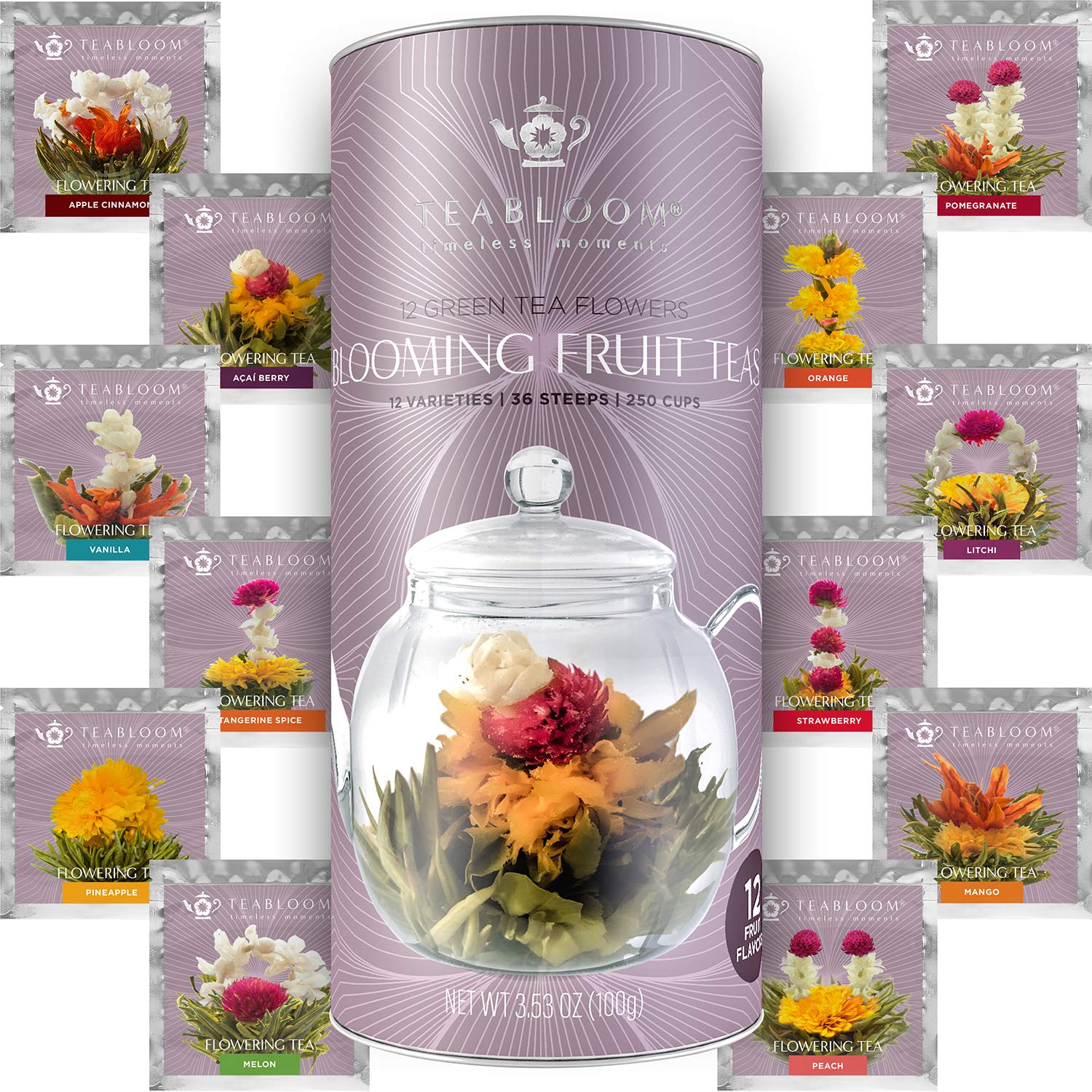 Teabloom Fruit Blooming Tea - 12 Unique Flower & Fruit Flavored Tea Balls - Reusable Up to 3 Steeps - Perfect for Relaxation, Gifts & Afternoon Tea Parties