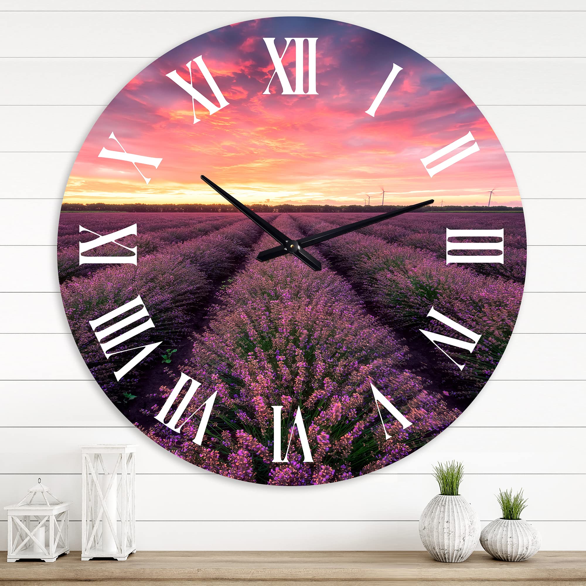 DesignQ Farmhouse Wall Clock - Sunrise & Dramatic Clouds Over Lavender Field XIV - Large Landscape Nature Wall Clock for Living Room, Kitchen, Bedroom Decor - Perfect for Home, Office & Gift Giving