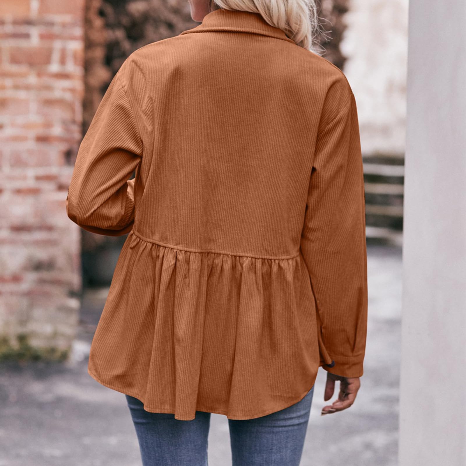 TICIFEN Women's Corduroy Shirt - Long Sleeve Button Down Blouse, Cute Peplum Babydoll Tunic Dress Shirt & Loose Jacket Shacket for Casual Outfits, Workwear & Fall Fashion