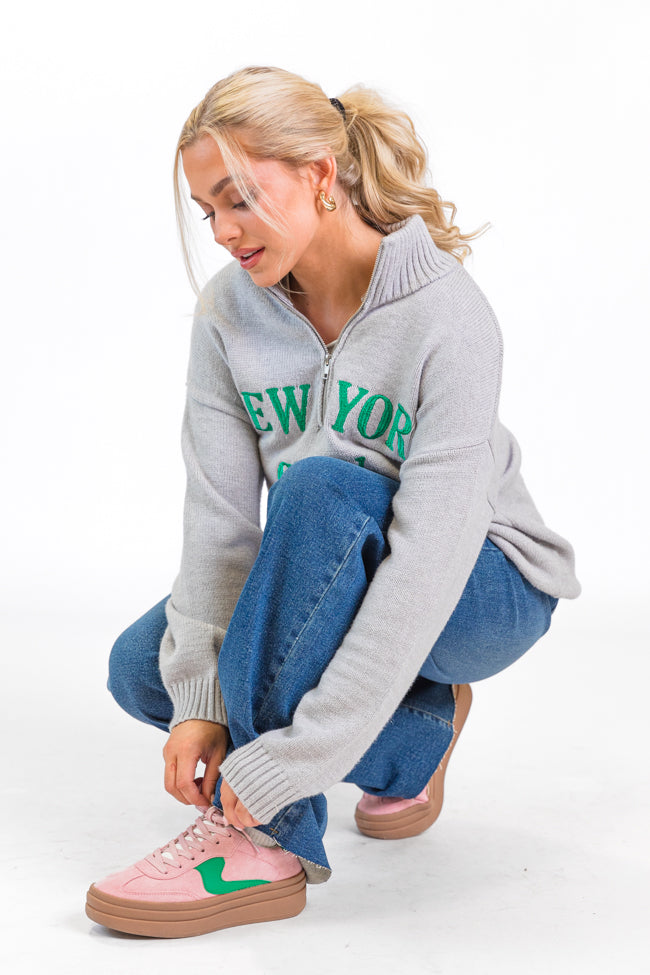New York Embroidered Quarter Zip Sweater - Grey & Green Pullover for Men & Women | Cozy Casual Wear for Fall & Winter | Perfect for Outdoors, Travel & Street Style