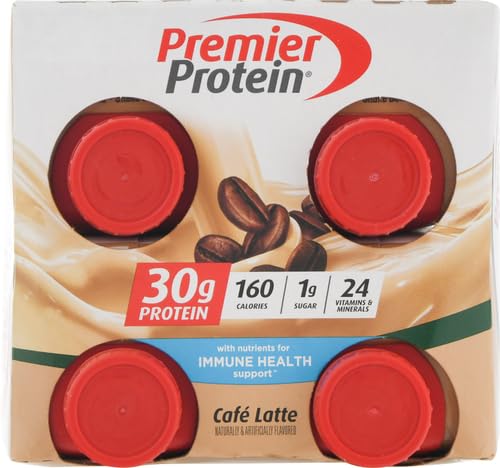 Premier Protein Shake - Café Latte Flavor, 30g Protein, 1g Sugar, 24 Vitamins & Minerals for Immune Support, 11oz (4 Pack) - Perfect for Post-Workout Recovery, Meal Replacement & On-the-Go Nutrition