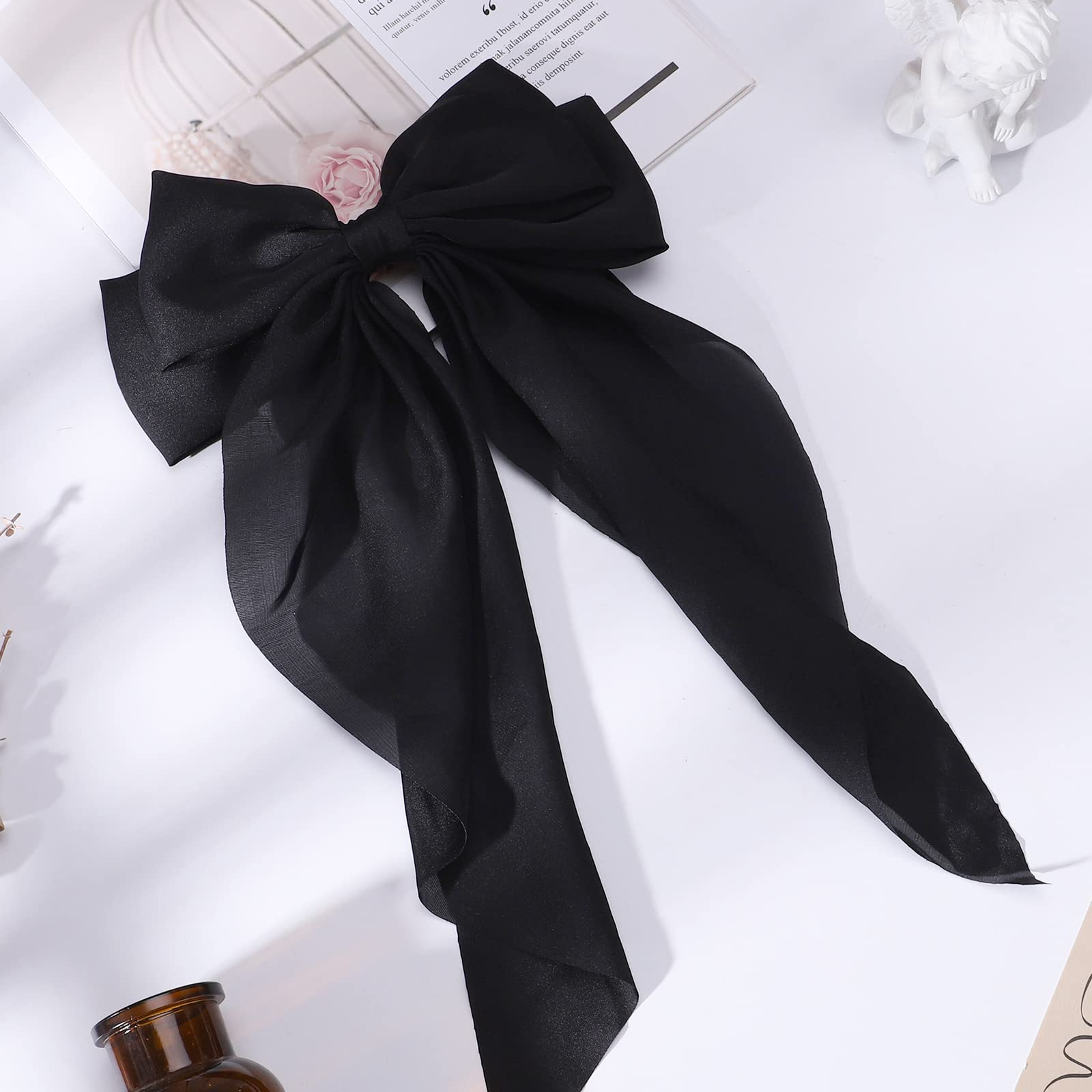 1PC Large Satin Hair Bows for Women & Girls - Black Silk Ribbon Hair Barrettes, Giant Long Bow Hair Clips, Ponytail Holder Accessories - Perfect for Weddings, Parties, and Everyday Elegant Styling