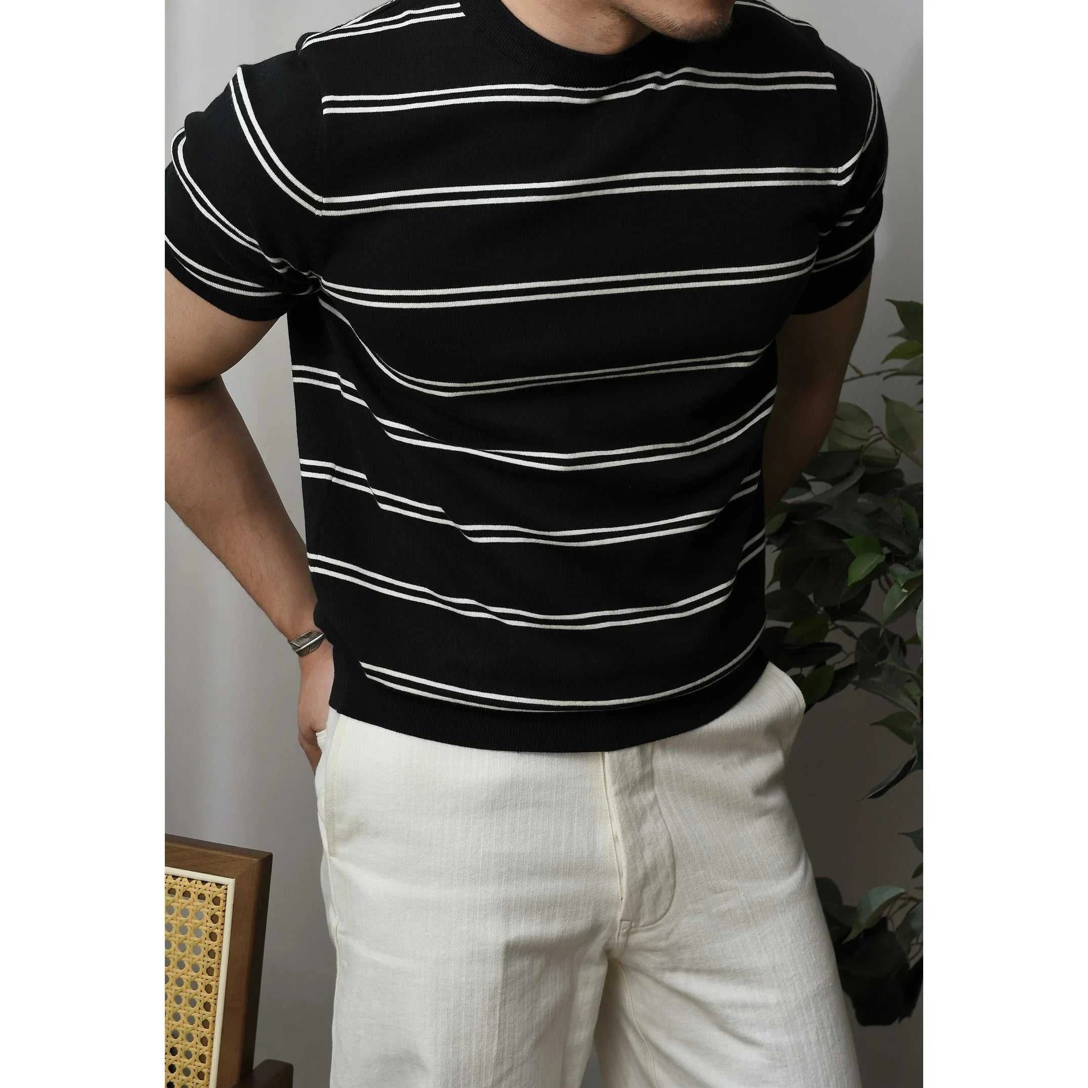 Stylish Smart Casual Striped Summer T-Shirt for Men - Breathable Cotton Comfort Wear for Outdoor Activities & Casual Outings