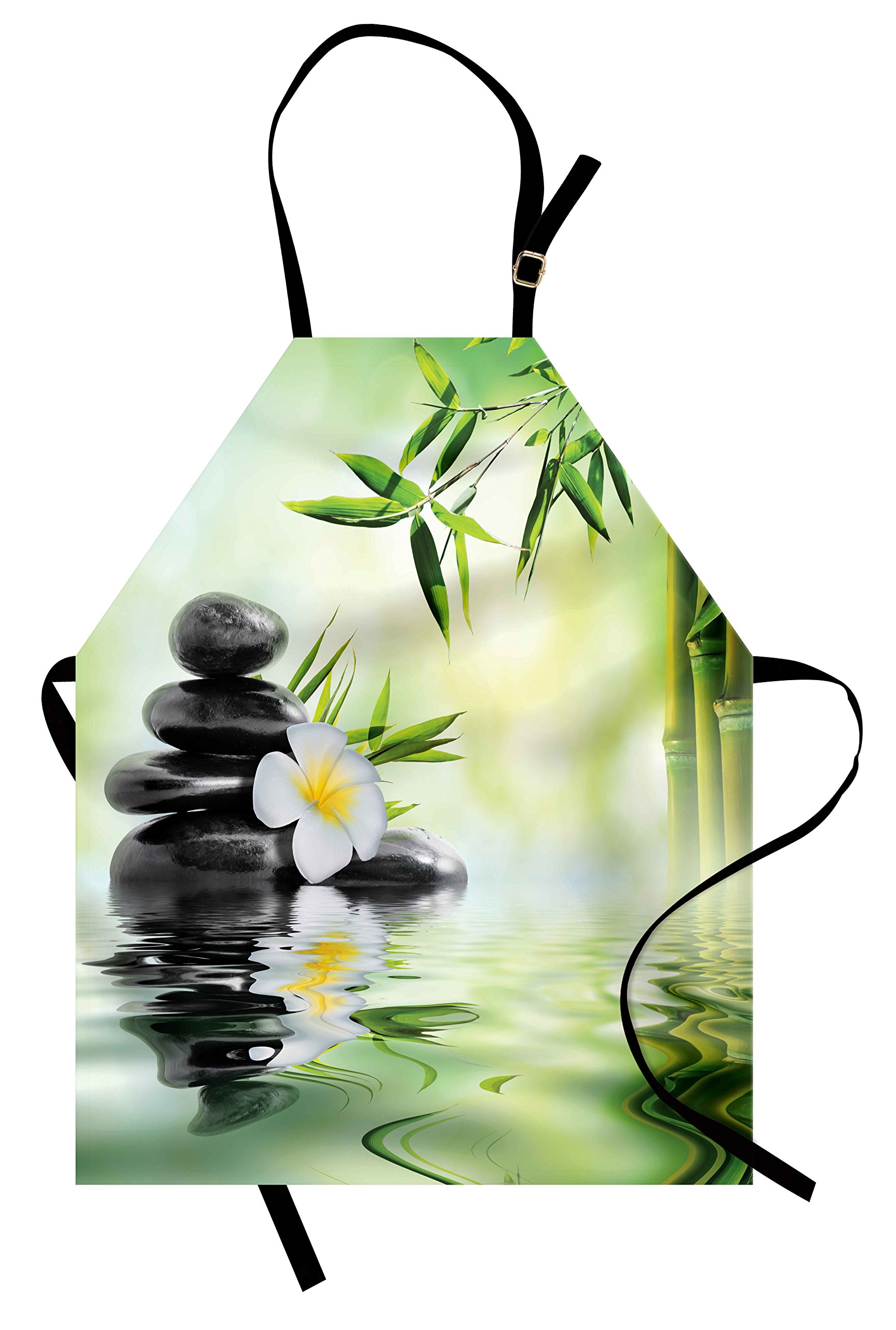 Ambesonne Spa Themed Apron - Unisex Adjustable Kitchen Bib with Japanese Frangipani Floral Print for Cooking, Baking & Gardening - Charcoal Grey & Pale Green Adult Size - Perfect for Home Chefs, BBQ & Outdoor Activities