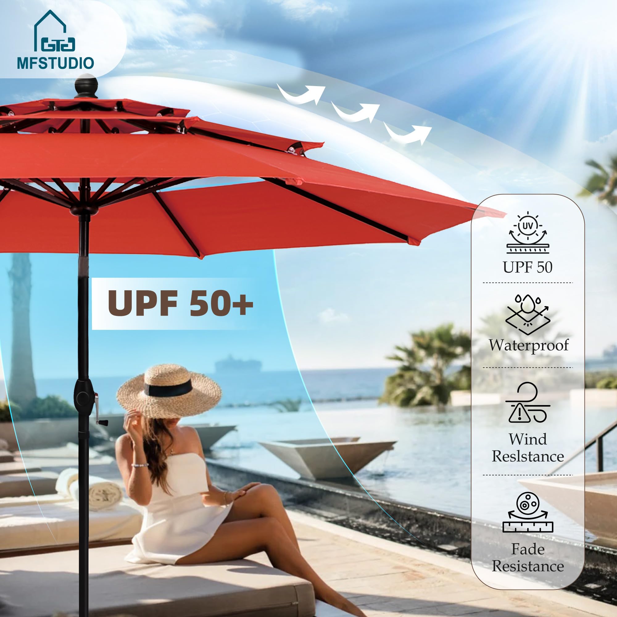 MFSTUDIO 6-Piece Outdoor Patio Dining Set for 4 with 10ft Umbrella - Square Wicker Table & Rattan Chairs - Weather-Resistant Garden Furniture for Backyard, Poolside, or Balcony (Orange Red)