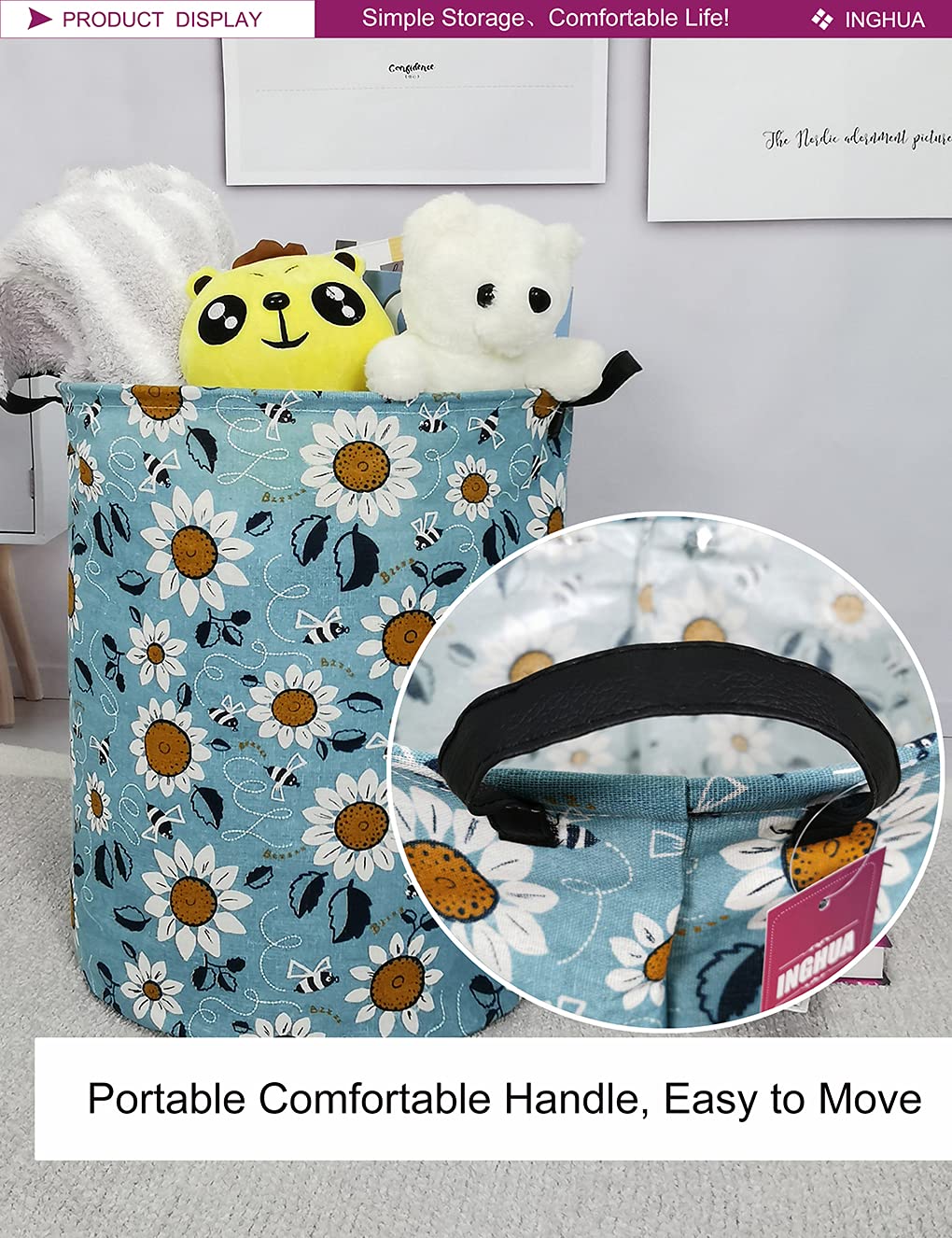 Large Canvas Laundry Hamper - Collapsible, Waterproof Storage Basket for Clothes & Toys | Lightweight Organizer for Dorm, Bedroom & Bathroom | Perfect for College Students, Boys & Girls (Sunflower)