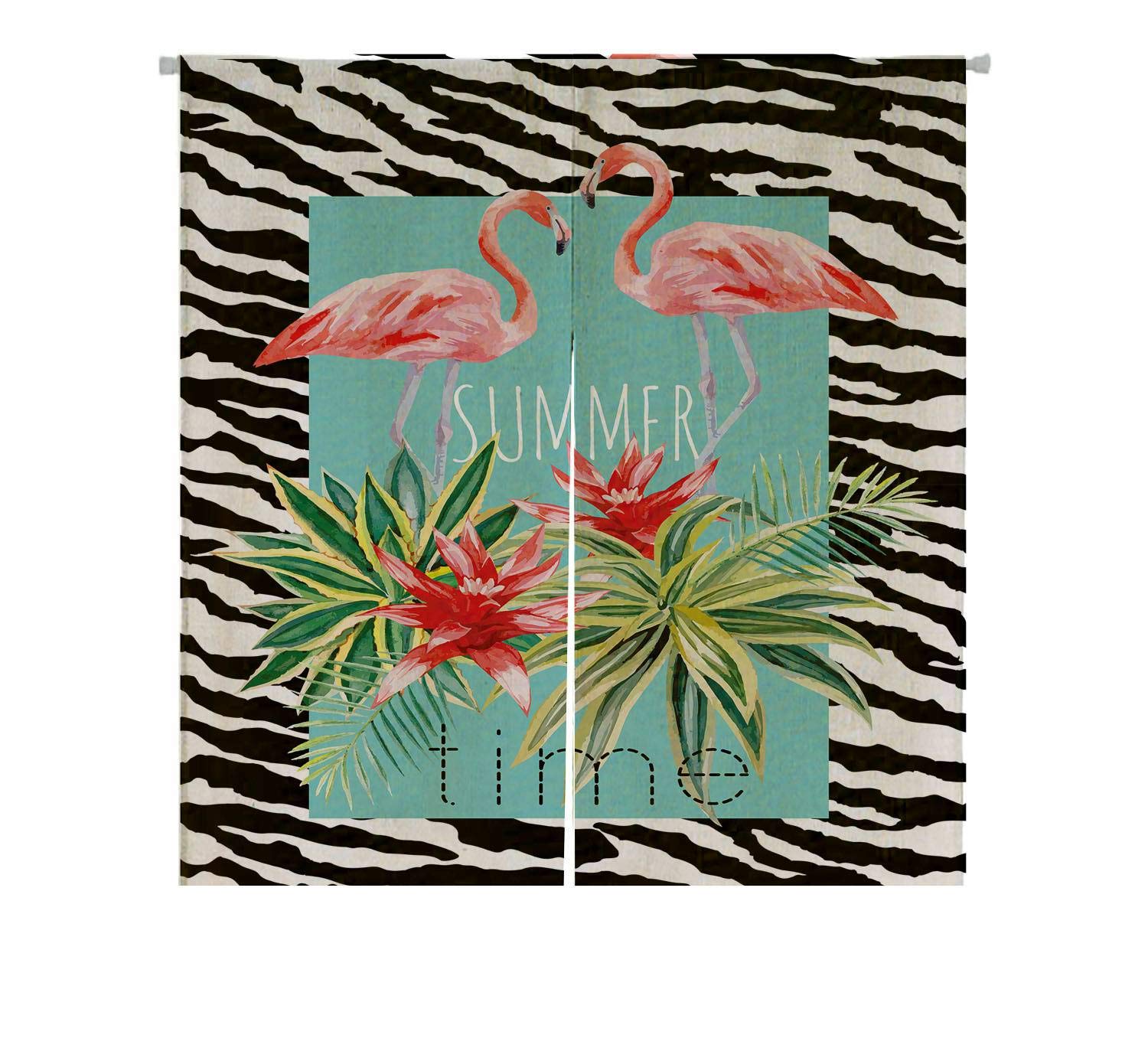 Pink Flamingo & Palm Leaves Agave Plant Cotton Linen Curtain - 85x90 Inch Tropical Japanese Noren Doorway Window Treatment for Beach House, Boho Decor & Patio