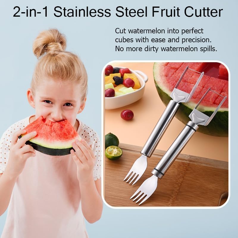 2024 Stainless Steel 2-in-1 Watermelon Slicer & Fork - Dual Head Fruit Cutting Tool for Watermelons, Melons & Fruits - Perfect for Summer BBQs, Picnics & Home Kitchen Use
