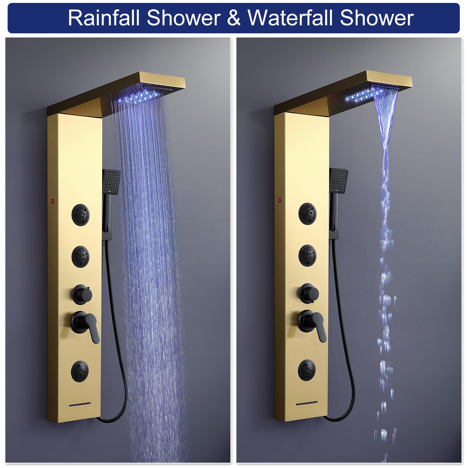 ROVATE 5-in-1 Stainless Steel Shower Panel Tower System - Brushed Gold LED Rainfall Shower with Waterfall, Massage Jets & Handheld Sprayer - High Pressure Bathroom Shower Column with Tub Spout for Luxurious Spa Experience at Home