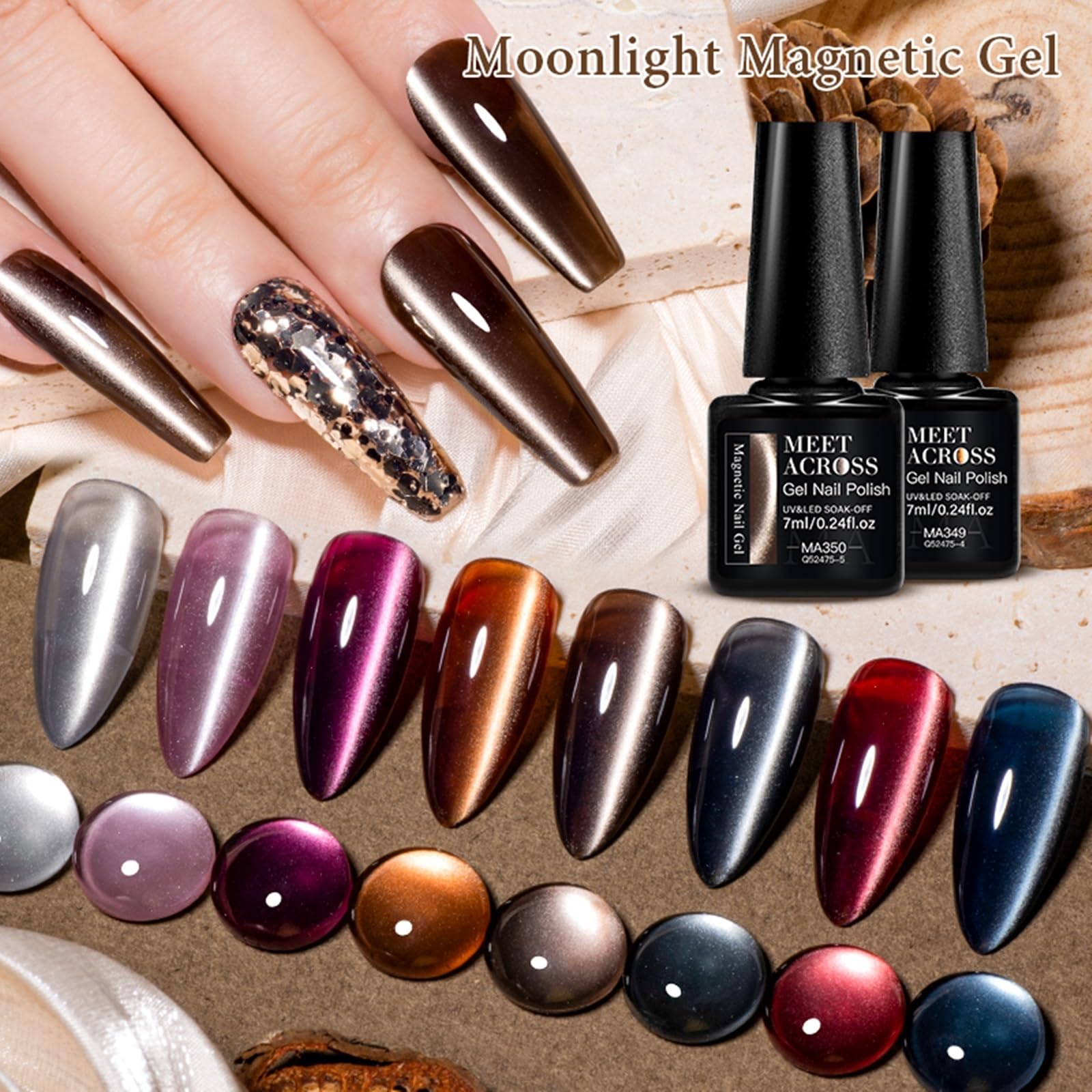 MEET ACROSS 12-Piece Cat Eye Gel Nail Polish Set - Fall Winter Retro Magnetic Nail Polish Kit in Pink, Brown, Blue, Gray & Green with Base & Top Coat - Soak Off UV Gel for Salon & Home Manicure - Perfect Gift for Nail Art Lovers