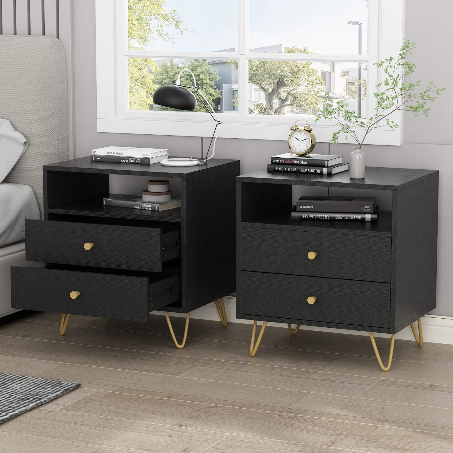 Modern Black Nightstand with 2 Drawers & Open Shelf - Sturdy Bedside Table with Metal Legs for Bedroom or Living Room - Space-Saving Storage Solution (Set of 2, 19.6