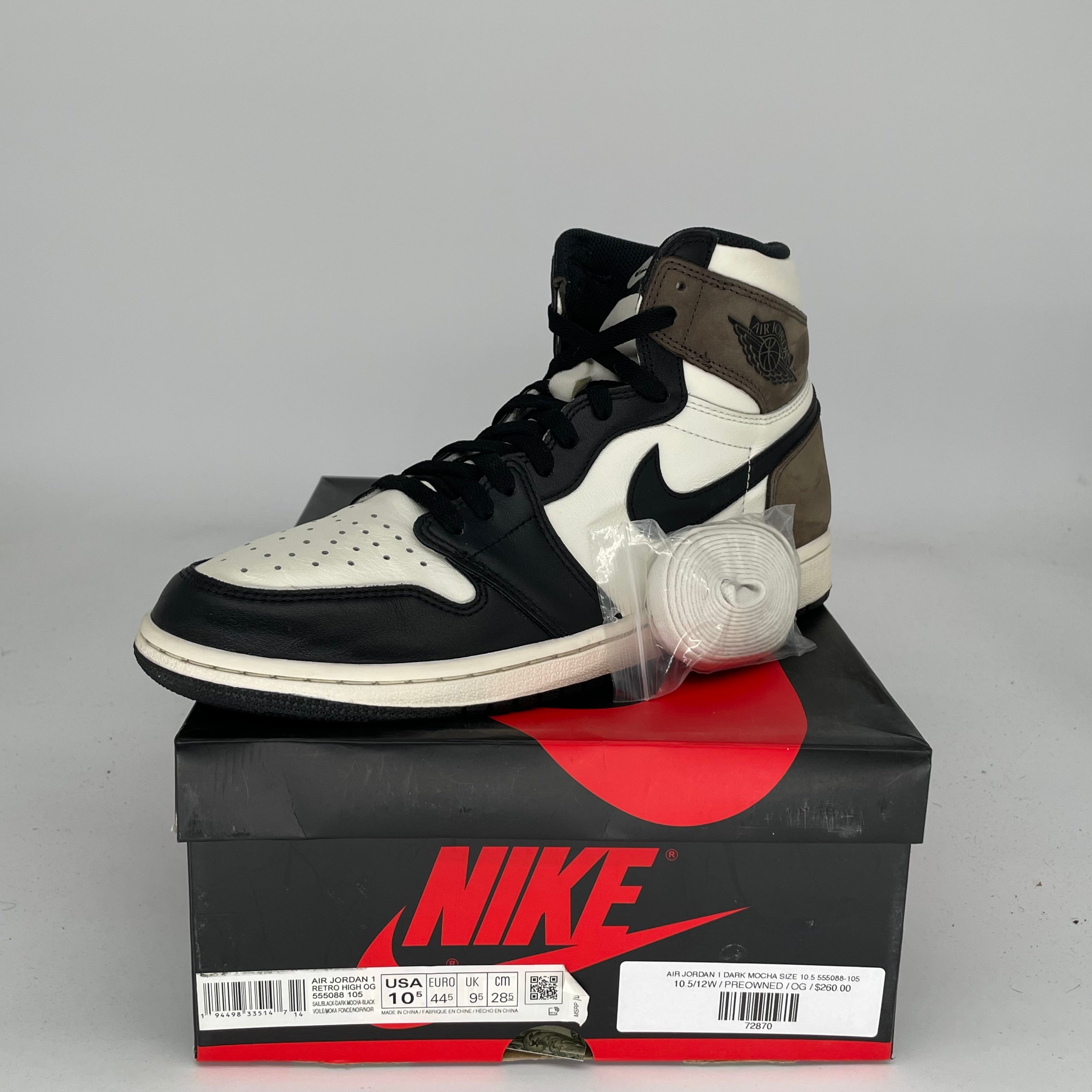 AIR JORDAN 1 DARK MOCHA Sneakers - Men's Size 10.5 (555088-105) - Retro High OG Basketball Shoes for Streetwear & Casual Style