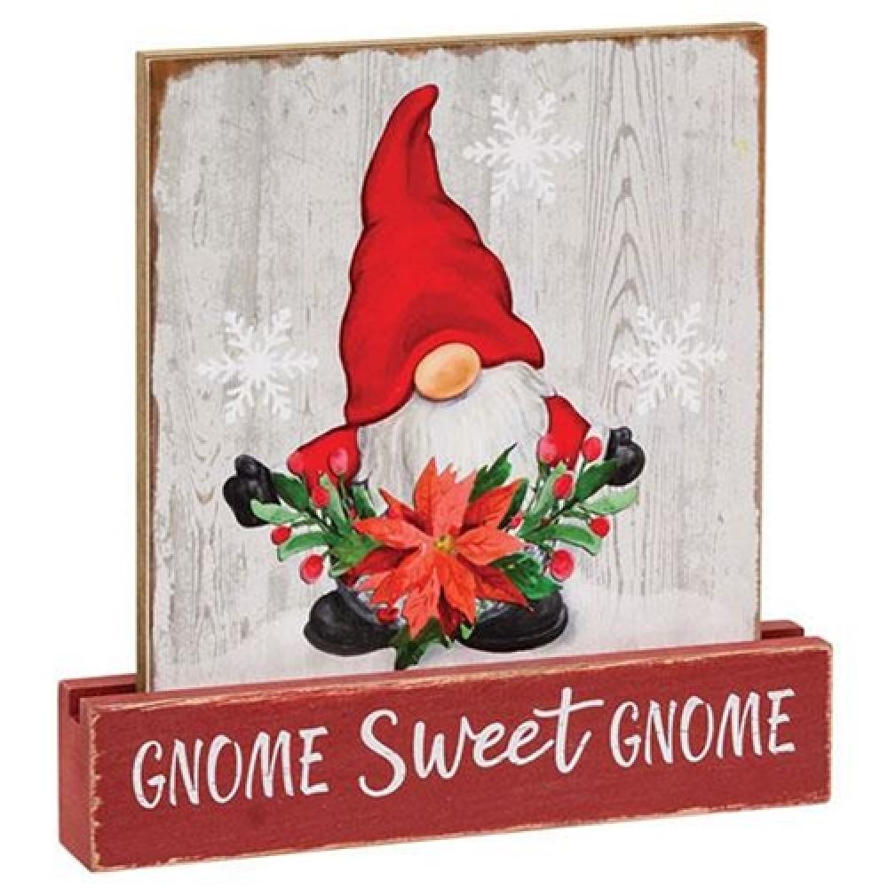 Gnome Sweet Gnome Christmas Wooden Block Sign - Rustic Holiday Home Decor for Fireplace Mantel, Shelf & Front Porch