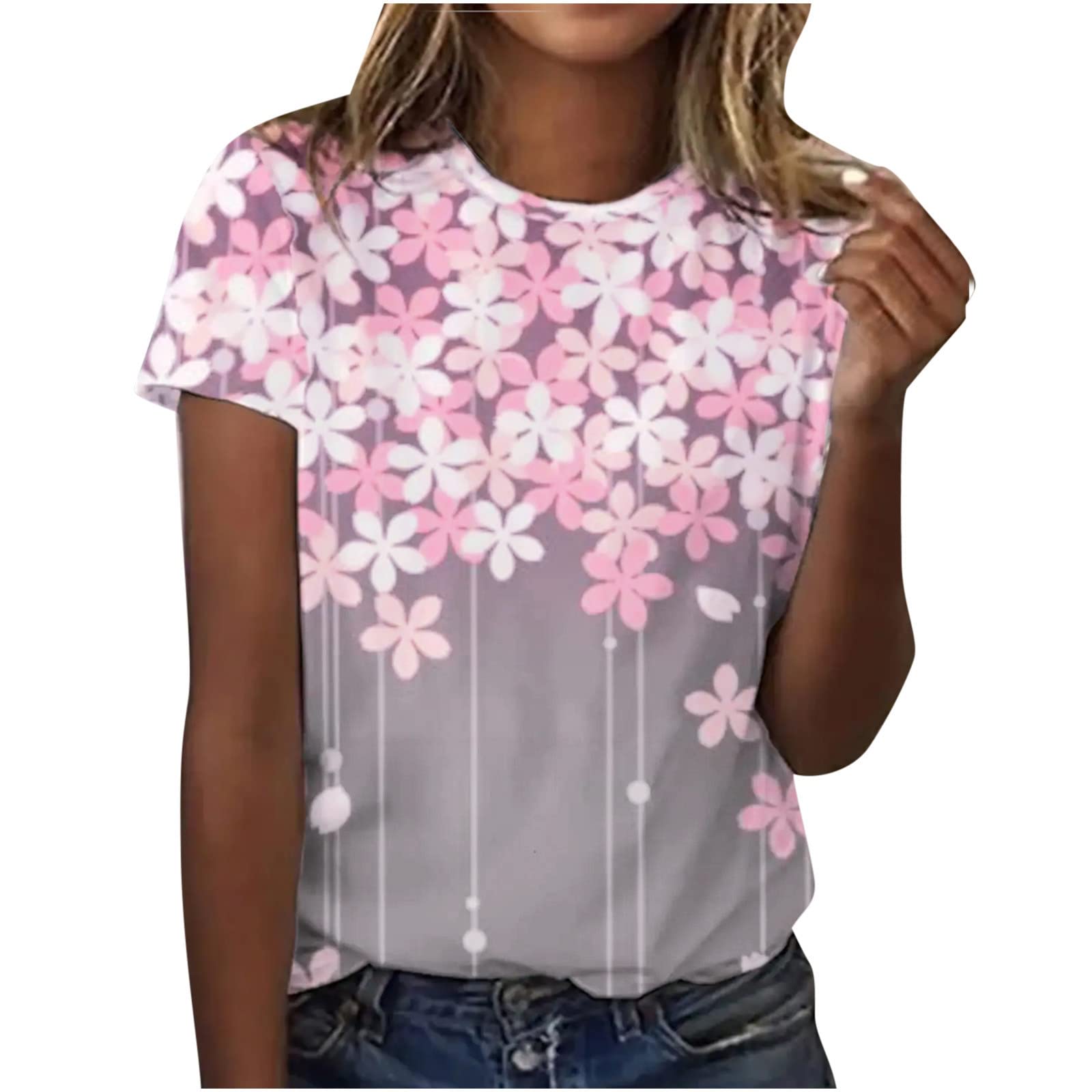 Women's Summer Fashion Floral Print Short Sleeve Loose Fit Blouse - Comfortable Casual Crewneck Tunic Top for Beach, Vacation & Everyday Wear