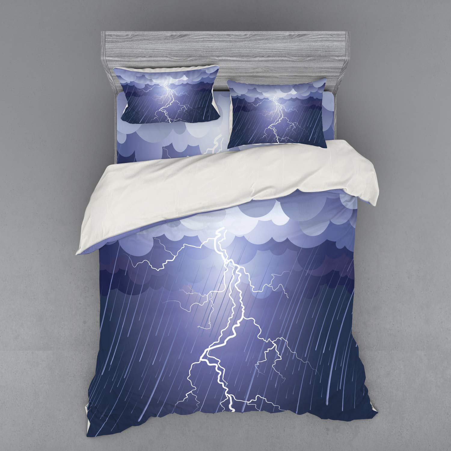 Ambesonne Queen Blue Duvet Set - Lightning Storm Design for Cozy Nights