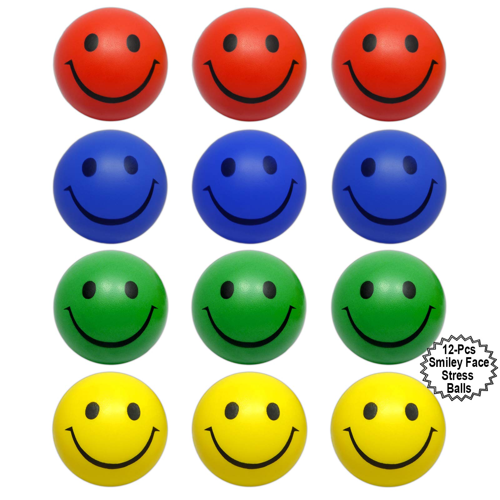 12 Pack Happy Face Stress Balls - 2.5 Inch Colorful Therapy Squeeze Balls with Smile Design for Anxiety Relief, Office Desk Toys & Party Favors - Perfect for Goodie Bags, Classrooms and Stress Management