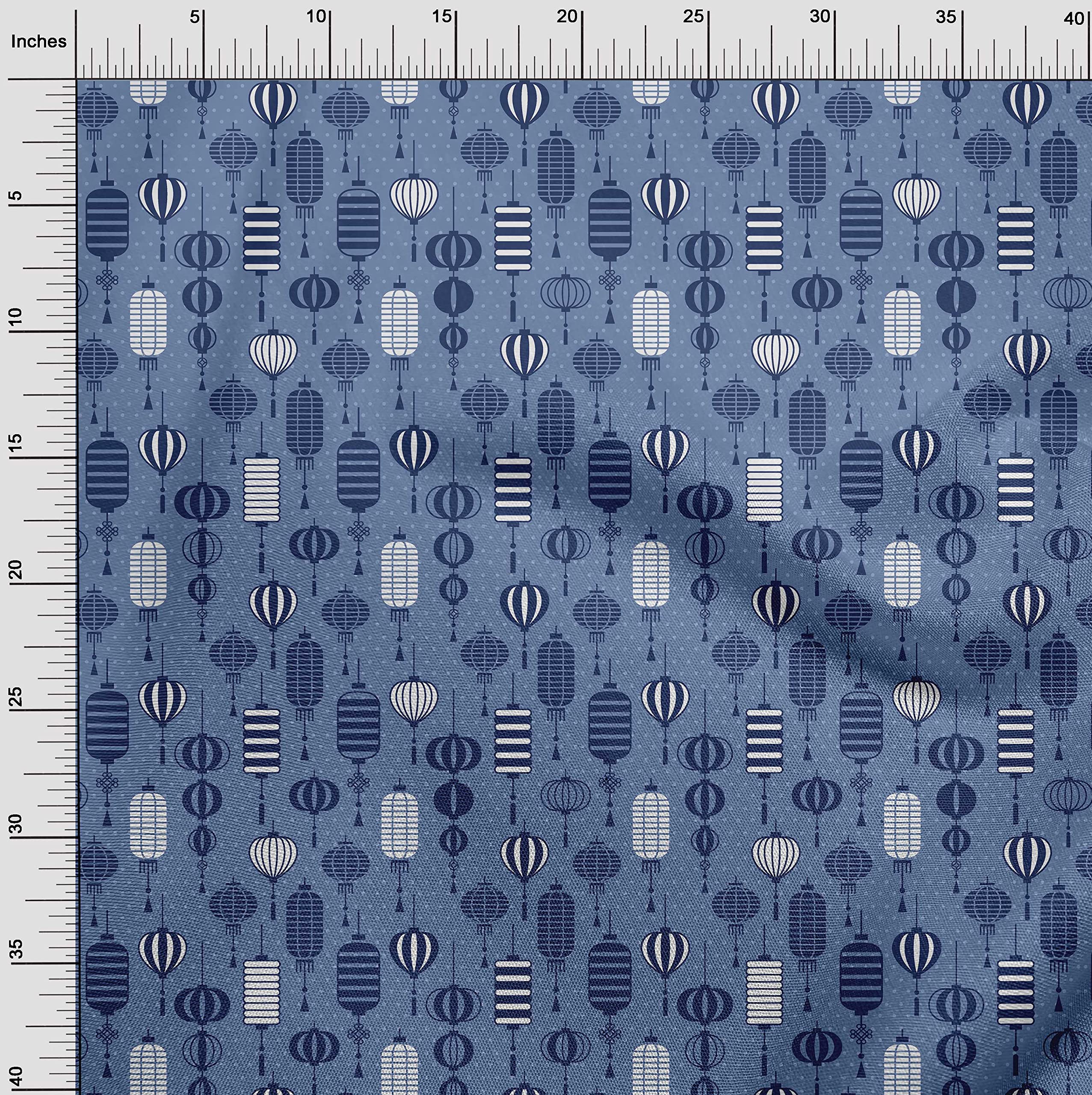oneOone Rayon Blue Fabric 56 Inch Wide - Asian Chinese Lamps Dress Material, Printed Fabric by The Yard | Perfect for Traditional Costumes, Home Decor & DIY Crafts