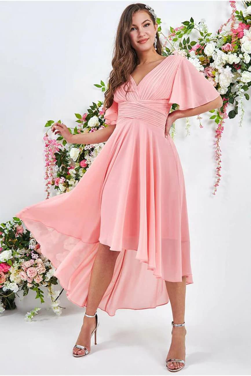 Elegant Chiffon Bridesmaid Dress with Flutter Sleeves & High-Low Hem - Perfect for Weddings, Prom, Evening Parties & Formal Events