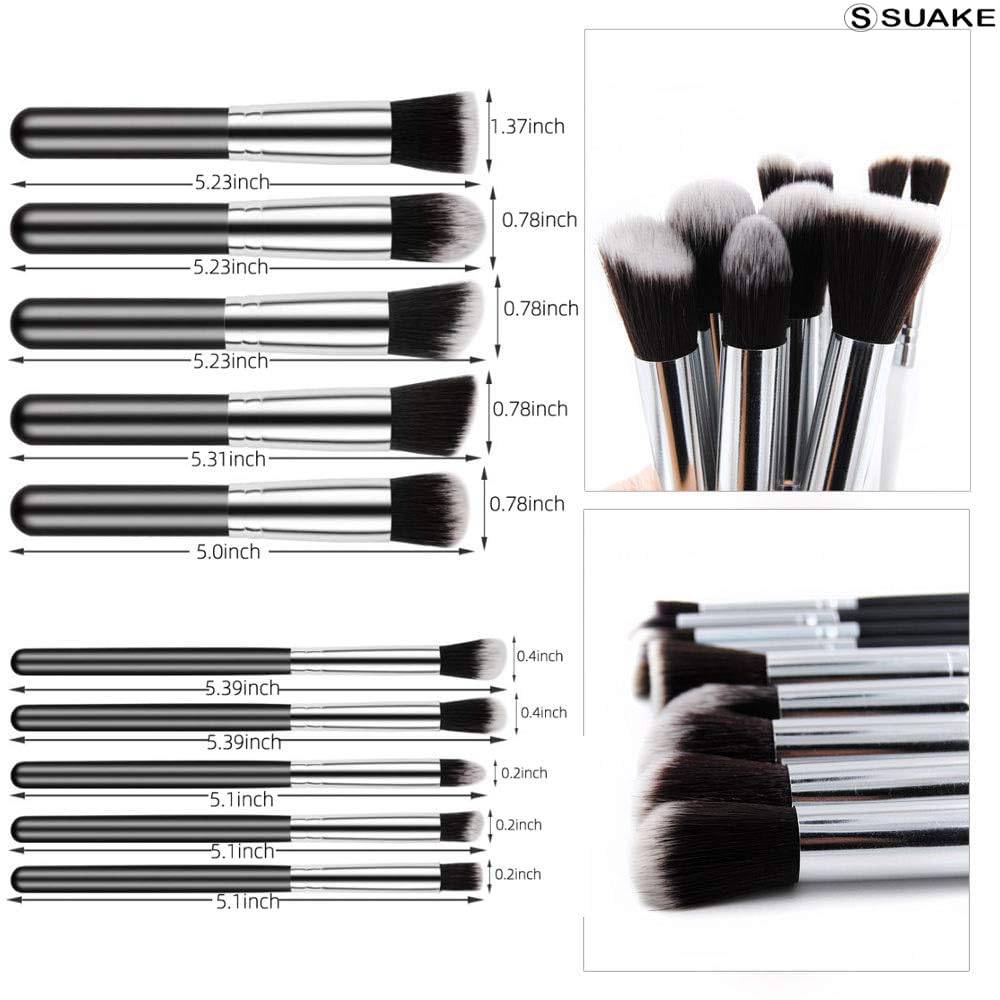 Suake 10-Piece Professional Makeup Brush Set - Premium Synthetic Bristles, Ultra Soft Powder Brush, Foundation Brush & Eyeshadow Brush for Flawless Face & Eye Makeup (Black & Silver) - Perfect for Daily Makeup, Bridal Looks & Professional Makeup Artists