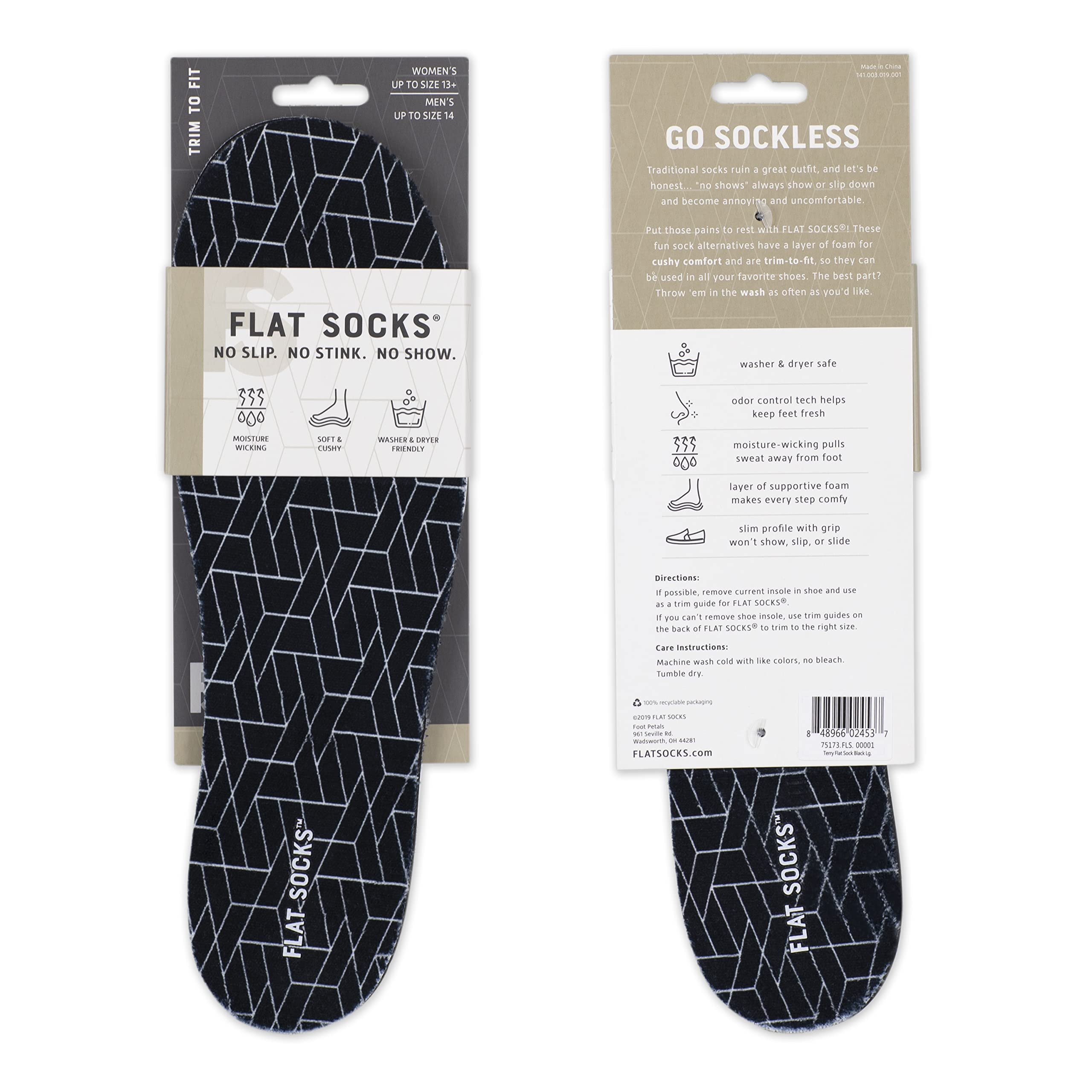 FLAT SOCKS No Show Socks for Men & Women - Anti Slip, Odor Control, Washable Barefoot Shoe Liners - Perfect for Sneakers, Loafers & Dress Shoes (3 Pairs)