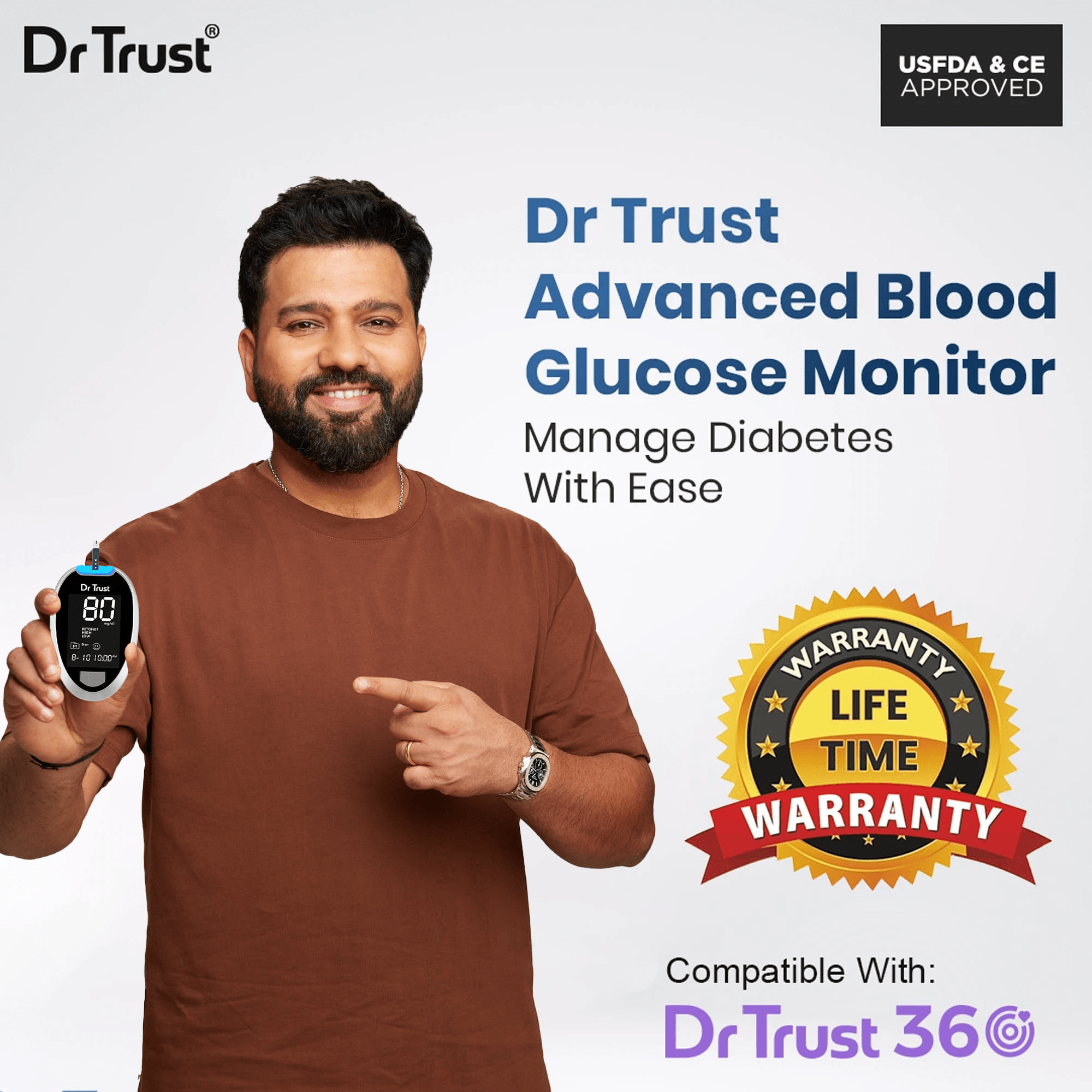 Dr Trust USA Gold Standard Glucosure Glucometer Kit - Accurate Blood Sugar Testing Meter with Lancing Device, 10 Test Strips & Lancets - Easy Home Diabetes Monitoring System (Expiry August 2025) - Perfect for Daily Glucose Tracking & Diabetes Management
