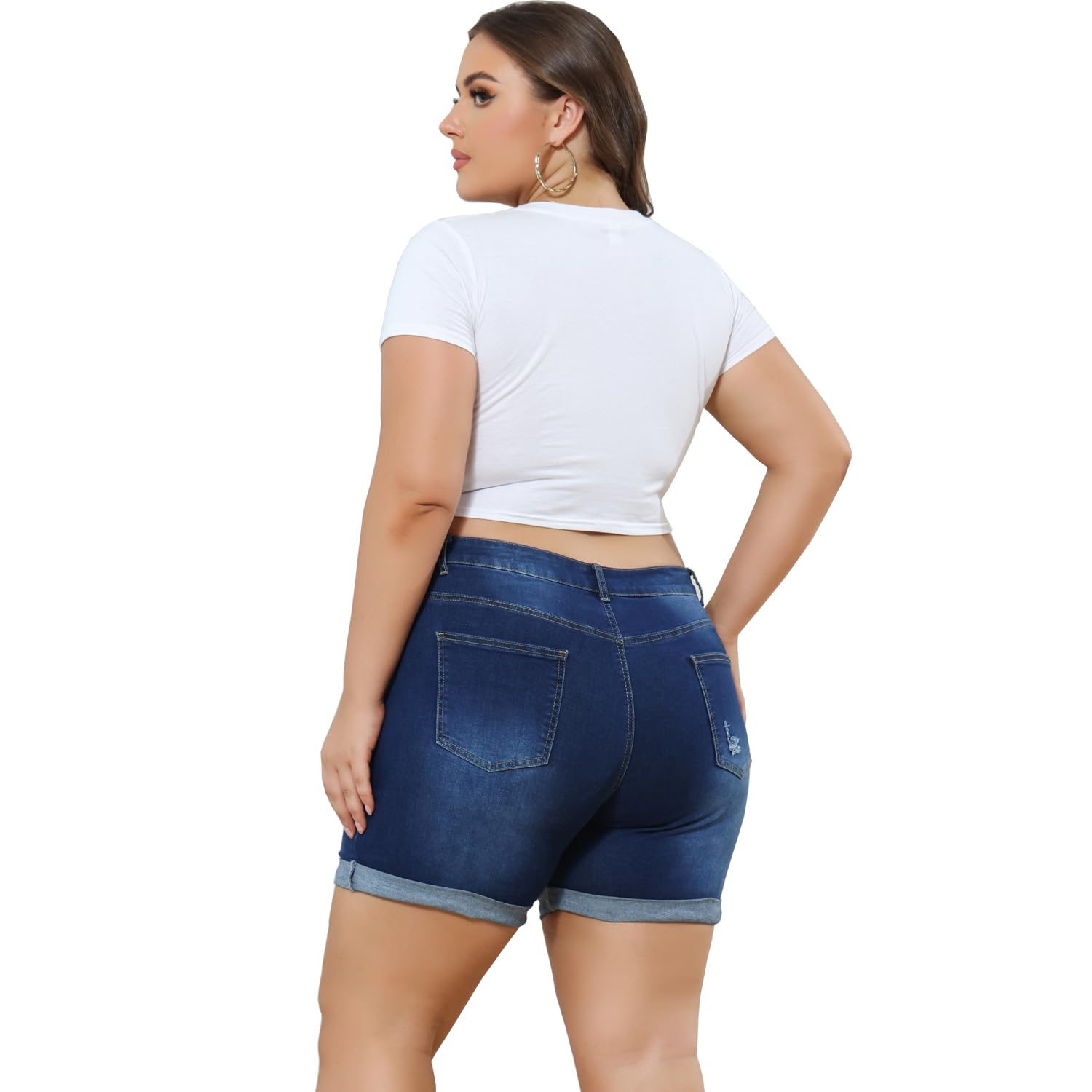 Plus Size Women's Ripped Denim Jean Shorts - High Waisted Stretchy Folded Hem Denim Shorts for Casual Wear, Summer Outfits & Street Style