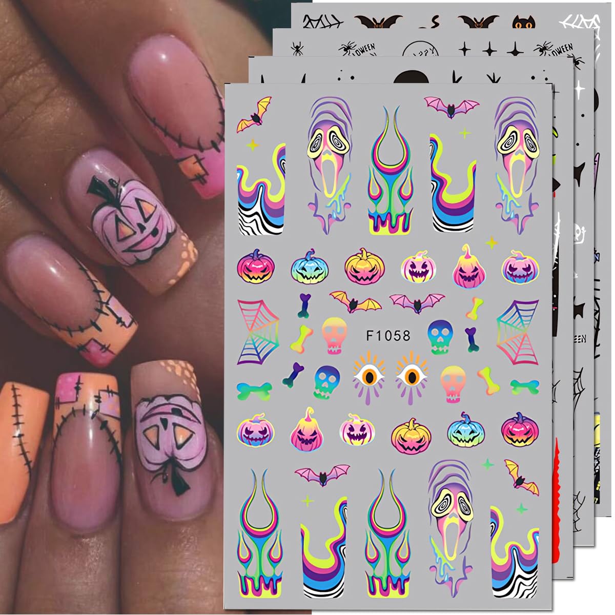 4Pcs Halloween Nail Stickers - Scary Ghost, Pumpkin, Spider, Bat & Skull Designs for Nail Art - French Tip Gel Nail Decals - Perfect for Halloween Parties, Costume Events & Spooky Nail Decorations