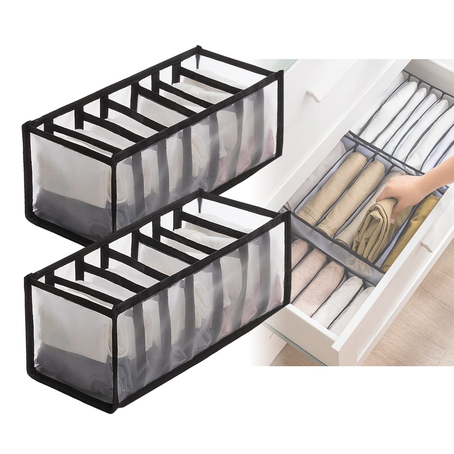 ApTimcity 11 Grid Washable Closet Organizer - Foldable Wardrobe Storage Drawer for Clothes, Socks & Accessories, Set of 2 (Black) | Perfect for Bedroom, Closet & Travel Organization