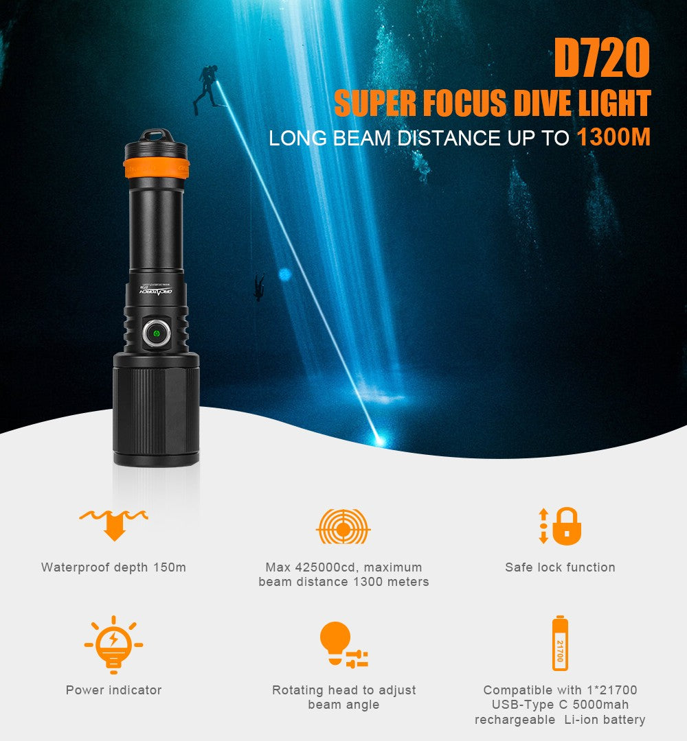 OrcaTorch D720 1300 Lumen Dive Flashlight - 425,000cd, 150m Depth, 1300m Beam Throw - Perfect for Scuba Diving, Night Fishing & Underwater Exploration