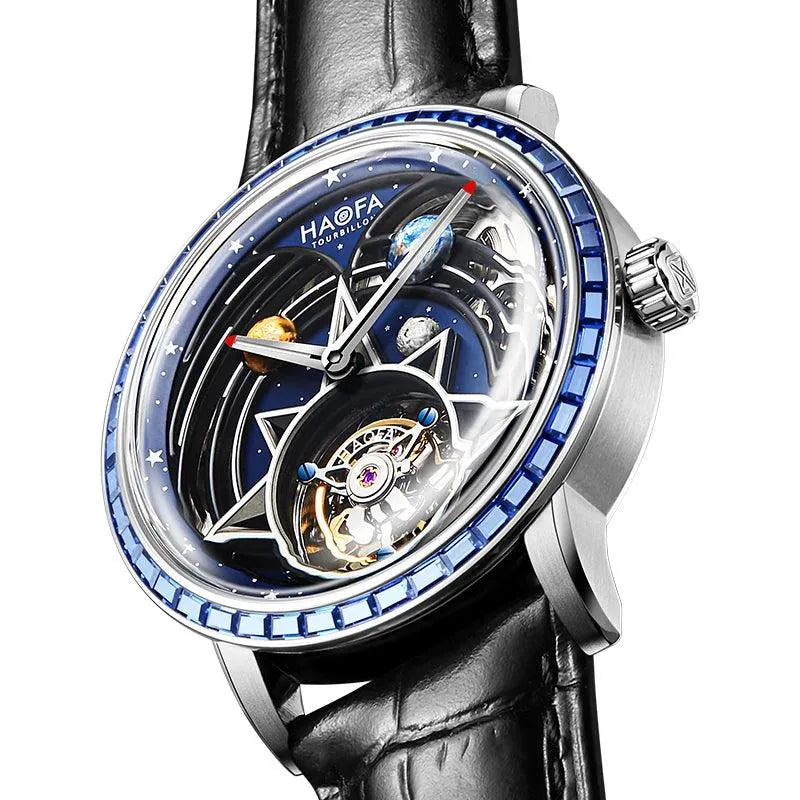Haofa Men's Automatic Zircon Bezel Flying Tourbillon Watch with Luminous Universe Dial & Double Spring Drive - Luxury Interstellar Design for Business, Formal Events & Collectors (Model 2269)