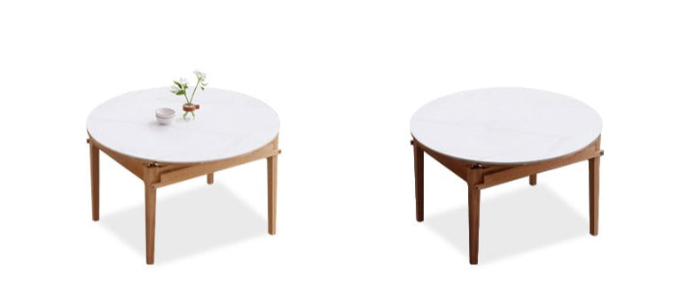 Solid Oak Round Folding Dining Table with Natural Stone Slab Top - Perfect for Small Spaces, Outdoor Dining & Home Decor