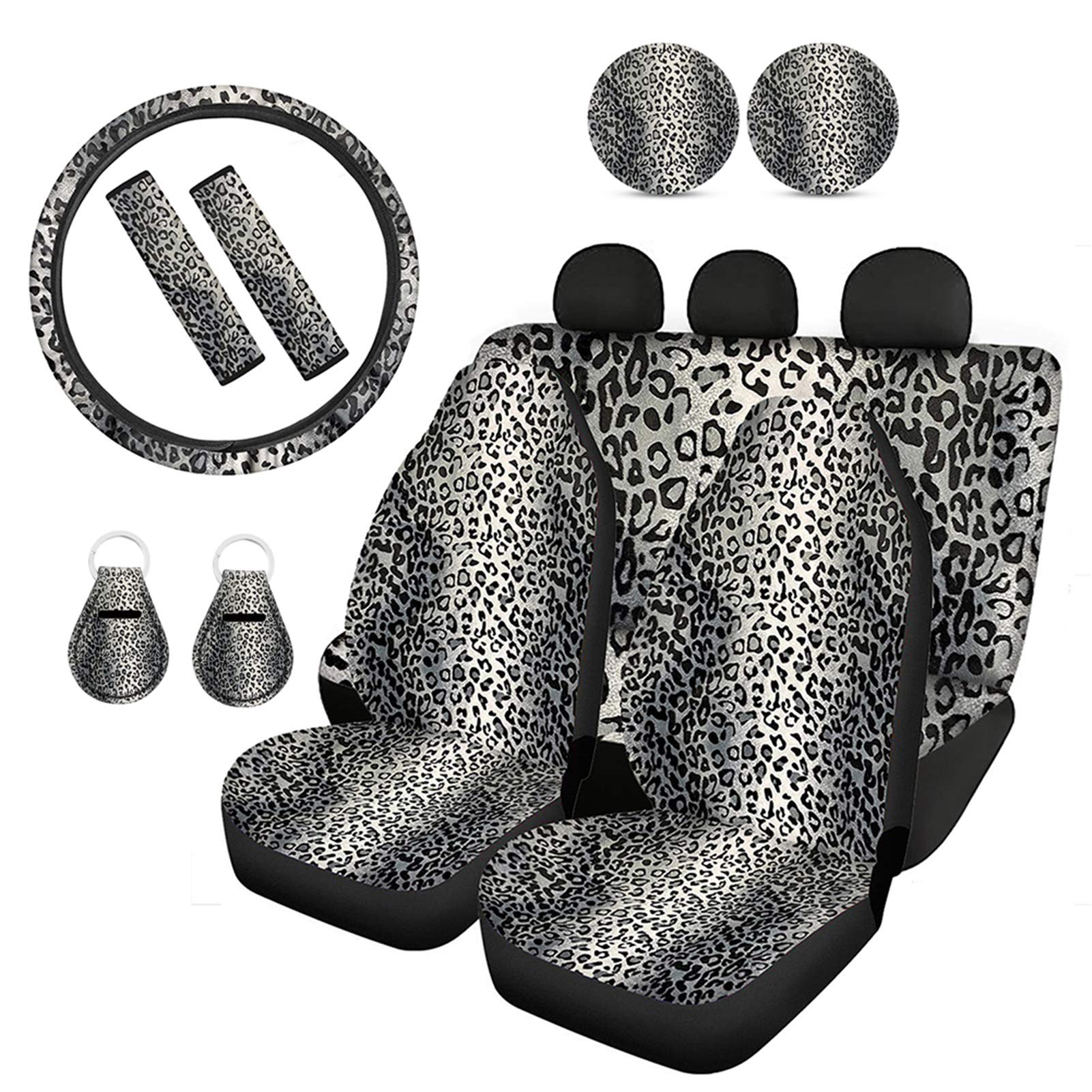 FUIBENG Car Seat Cover Set - Leopard Print Steering Wheel & Belt Covers for SUV/Truck - Driving Comfort Accessories