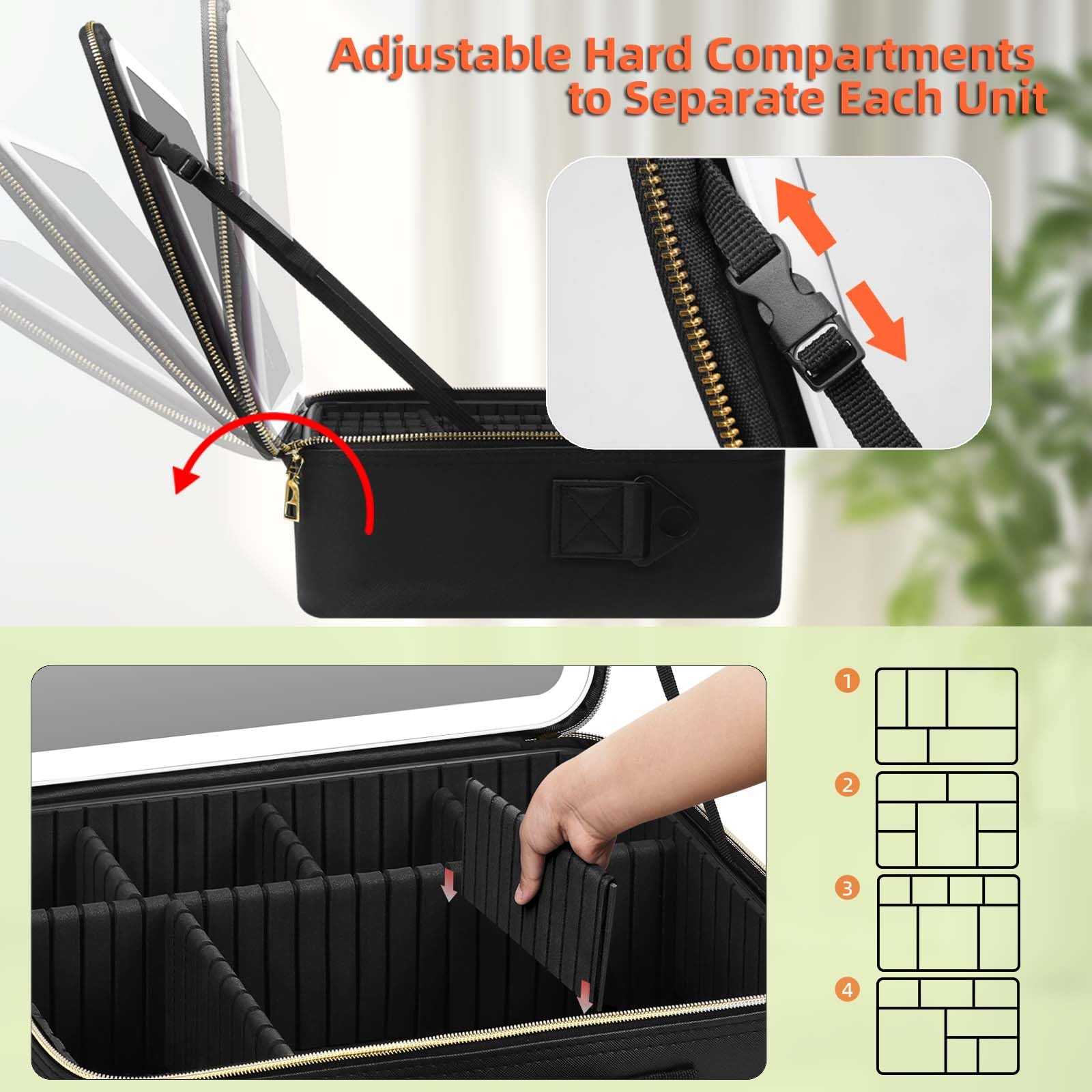 Large Travel Makeup Bag with LED Mirror - 3-Color Adjustable Dimming, Detachable Stand Mirror, Adjustable Dividers & Brush Holder | Perfect for Travel, Home Vanity & Professional Makeup Artists (Black)