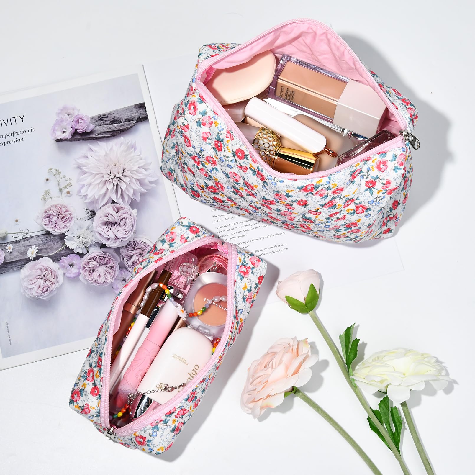 2 Pcs Quilted Floral Cosmetic Bags for Women - Large Cotton Travel Makeup Organizer, Puffer Toiletry Pouch for Girls - Perfect for Travel, Gym & Daily Beauty Essentials Storage