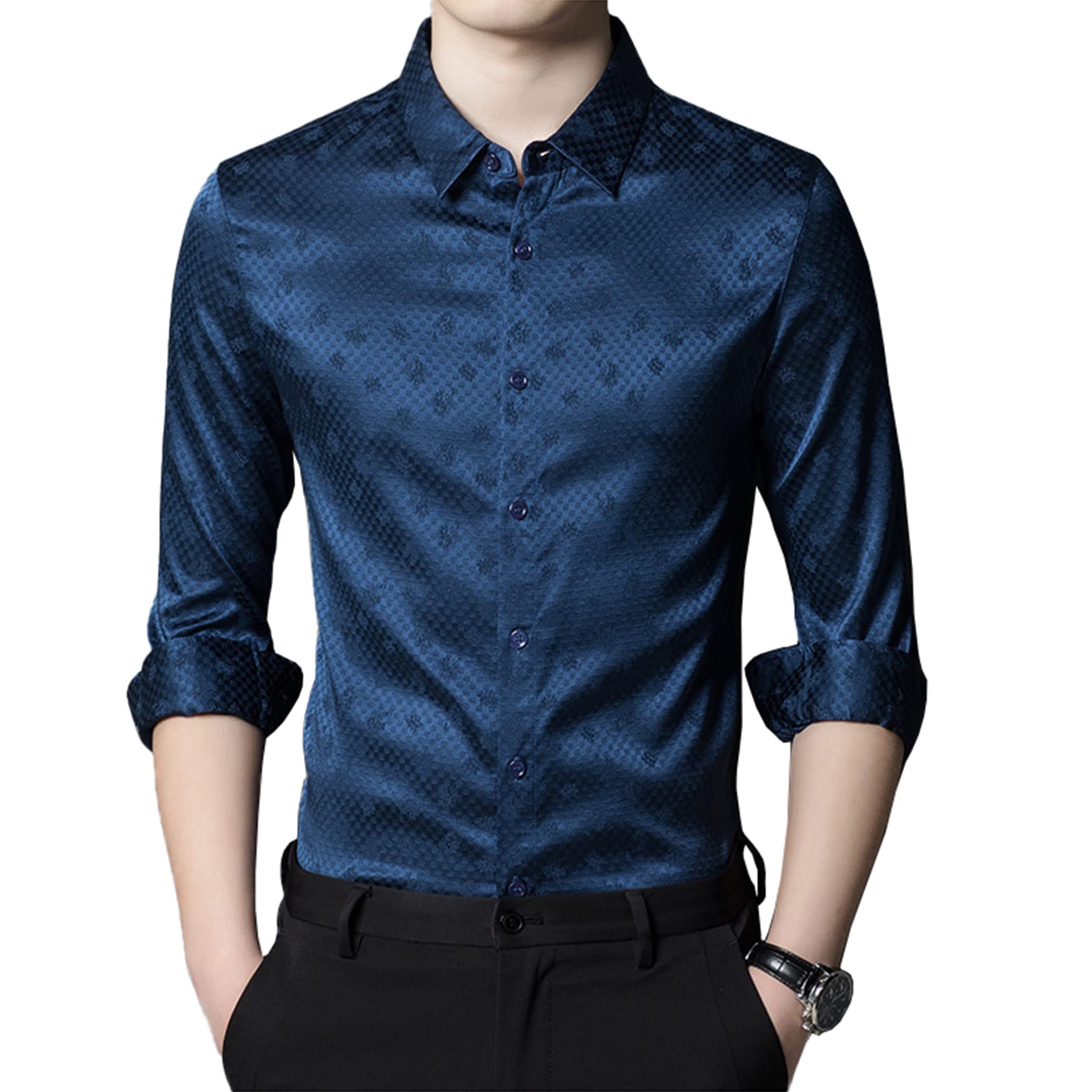 Men's Jacquard Silk Button-Up Shirt - Long Sleeve Casual Dress Shirt for Business & Party Wear | Breathable & Stylish Office & Wedding Attire