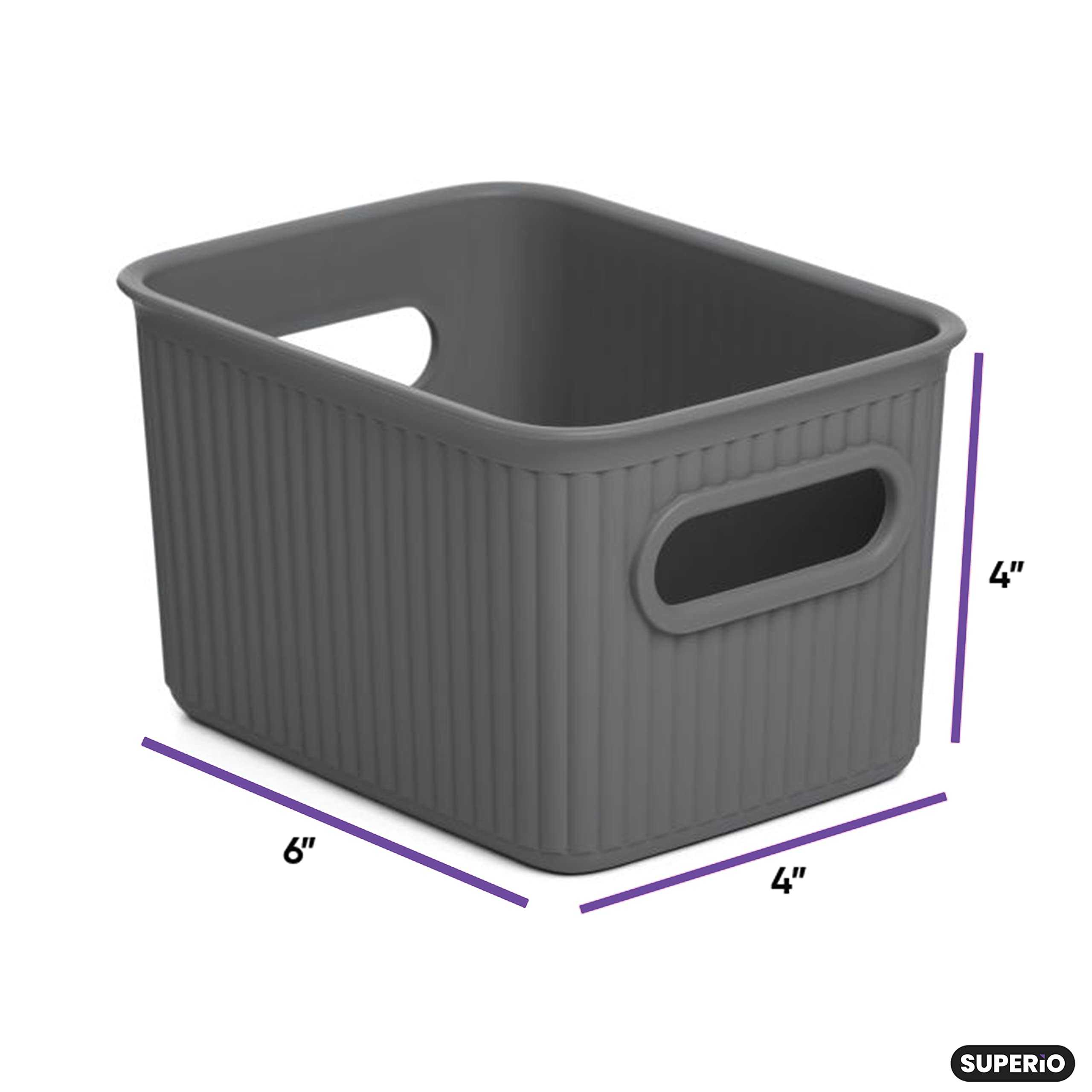 Superio Ribbed Plastic Storage Bins - 1.5L Grey Home Organizer Baskets (1-Pack) for Closet, Shelf & Drawer Organization | Decorative Open Storage Containers for Bedroom, Bathroom & Office Use