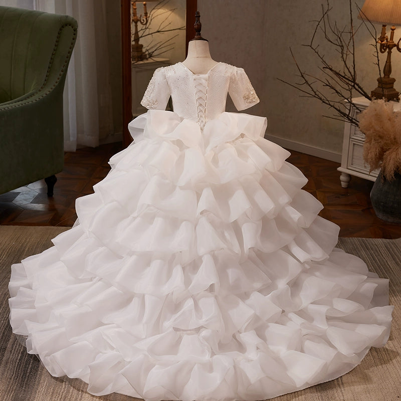 Elegant White V-Neck Floral Mesh Puffy Princess Dress for Baby Girls - Toddler Flower Girl Long Tail Party Dress for Weddings, Baptisms & Special Occasions