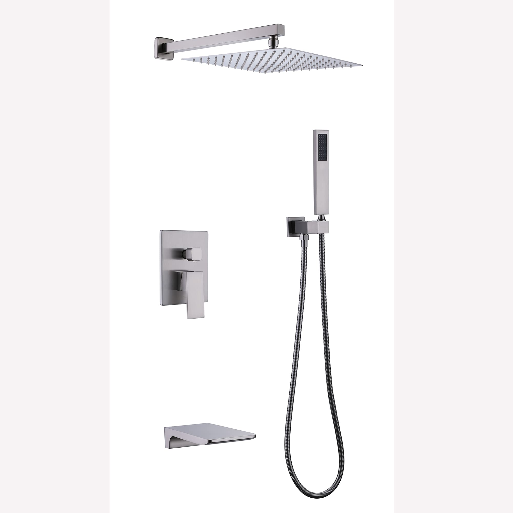 Queenross 10-Inch Brushed Nickel Wall Mounted Square Rainfall Shower System with Waterfall Spout - Perfect for Modern Bathroom & Spa-Like Shower Experience