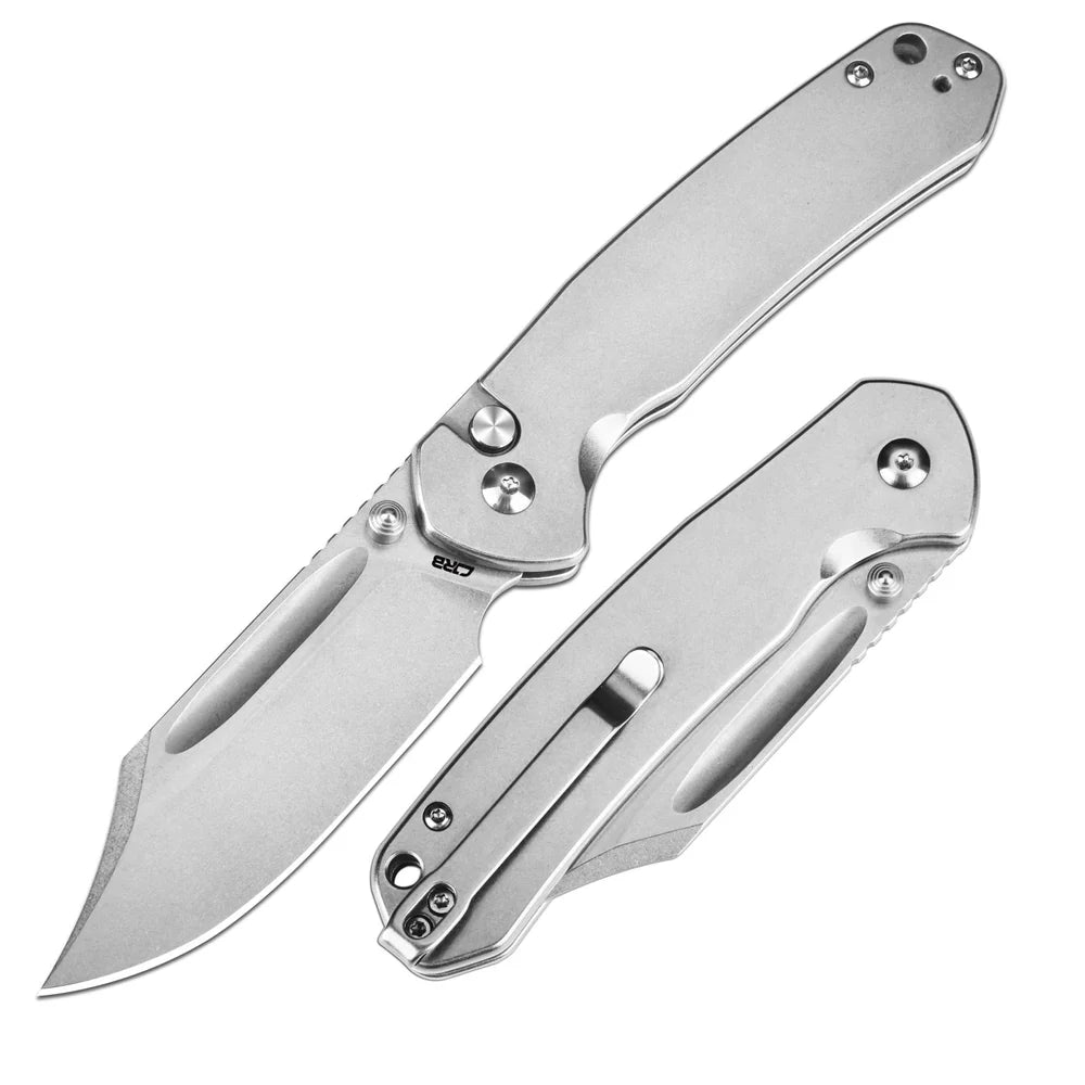 CJRB Pyrite Button Lock Folding Knife - 1942ST Bowie Drop Point Blade, Stainless Steel Handle - EDC, Outdoor Camping & Survival Tool