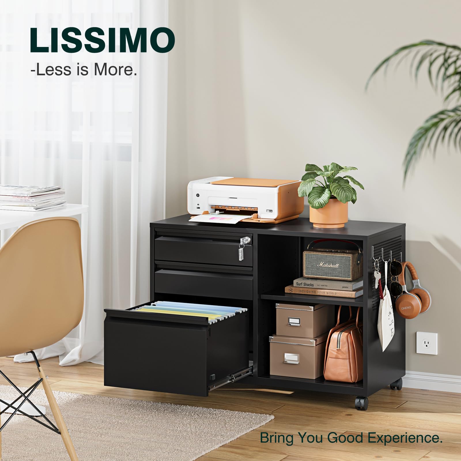 3-Drawer Locking Metal File Cabinet - Mobile Lateral Filing Cabinet with Shelves, Printer Stand for Home Office Storage (Black) | Perfect for Organizing Documents, Office Supplies & Home Workspaces