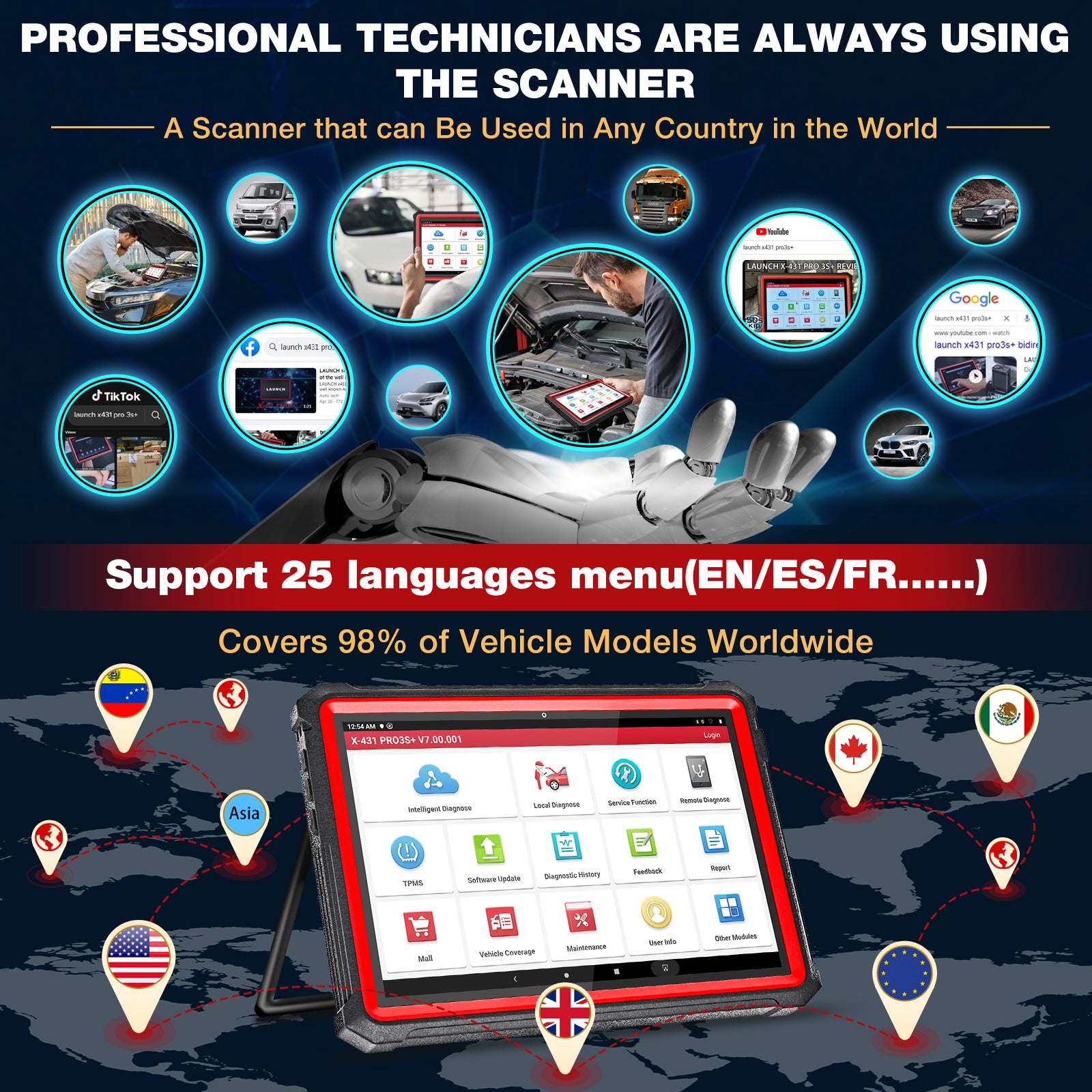 2025 LAUNCH X431 PRO3S+ V2.0 - Professional Bi-Directional OBD2 Scanner with ECU Coding, Topology & Full System Diagnostics | Perfect for Mechanics, Auto Shops & DIY Car Repair Enthusiasts