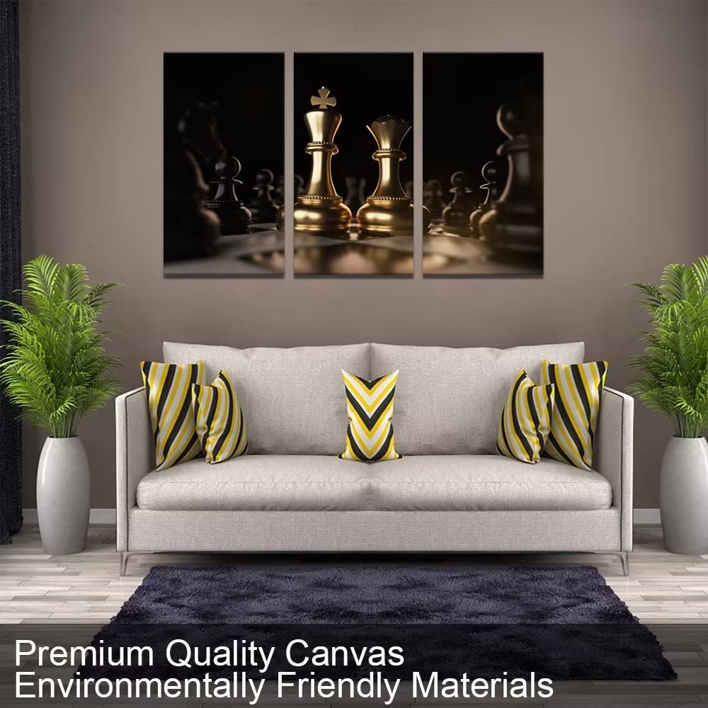 Black & Gold Chess Wall Art - King & Queen Canvas Paintings for Living Room & Office Decor | 3-Piece Framed Set (20x40in) | Perfect for Game Rooms & Gifts