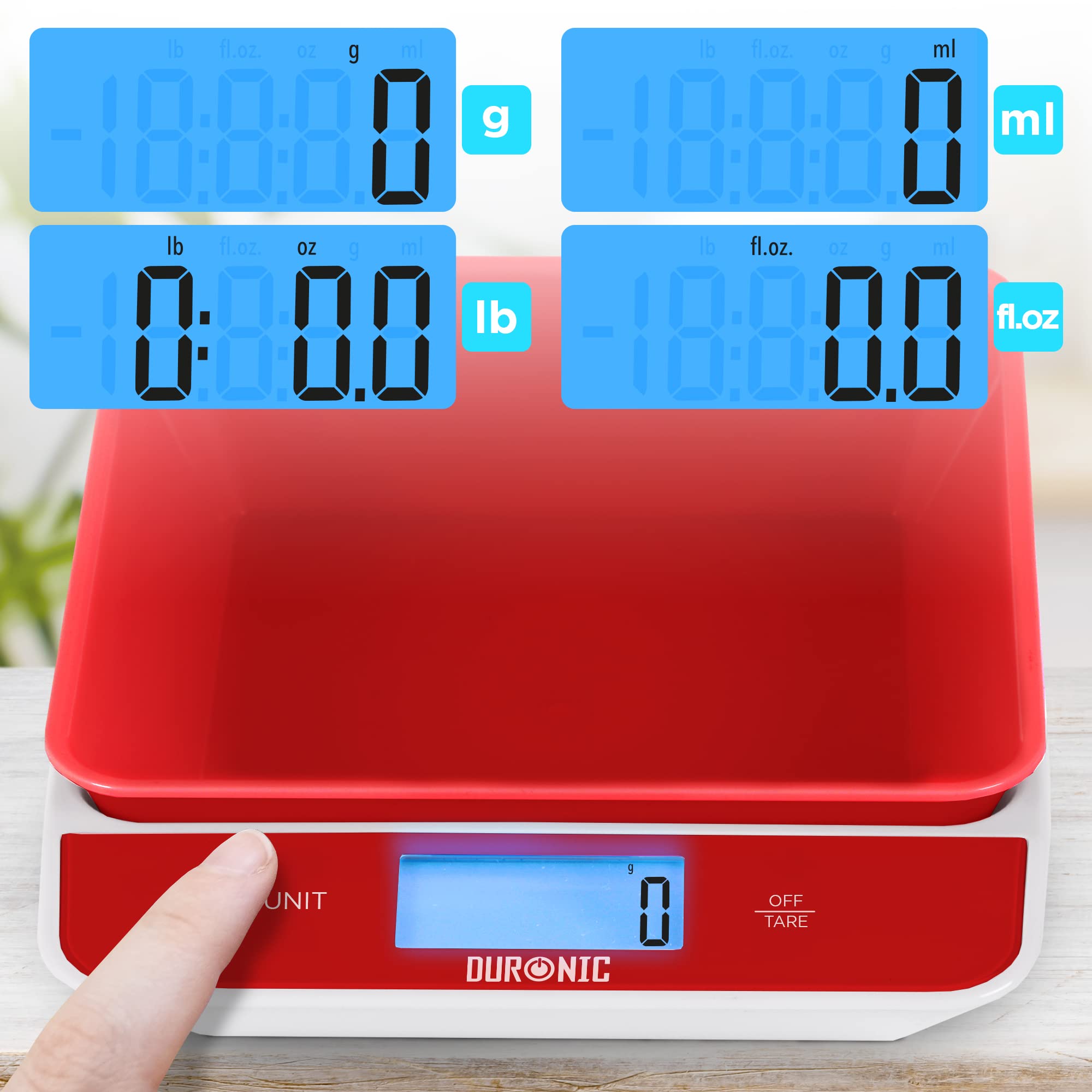 Duronic KS100 RD Digital Kitchen Scale - Electronic Food Scale with Bowl, LCD Display & Tare Function for Precise Measuring - Perfect for Baking, Cooking, Pet Food Portioning, and Mail Weighing | Red
