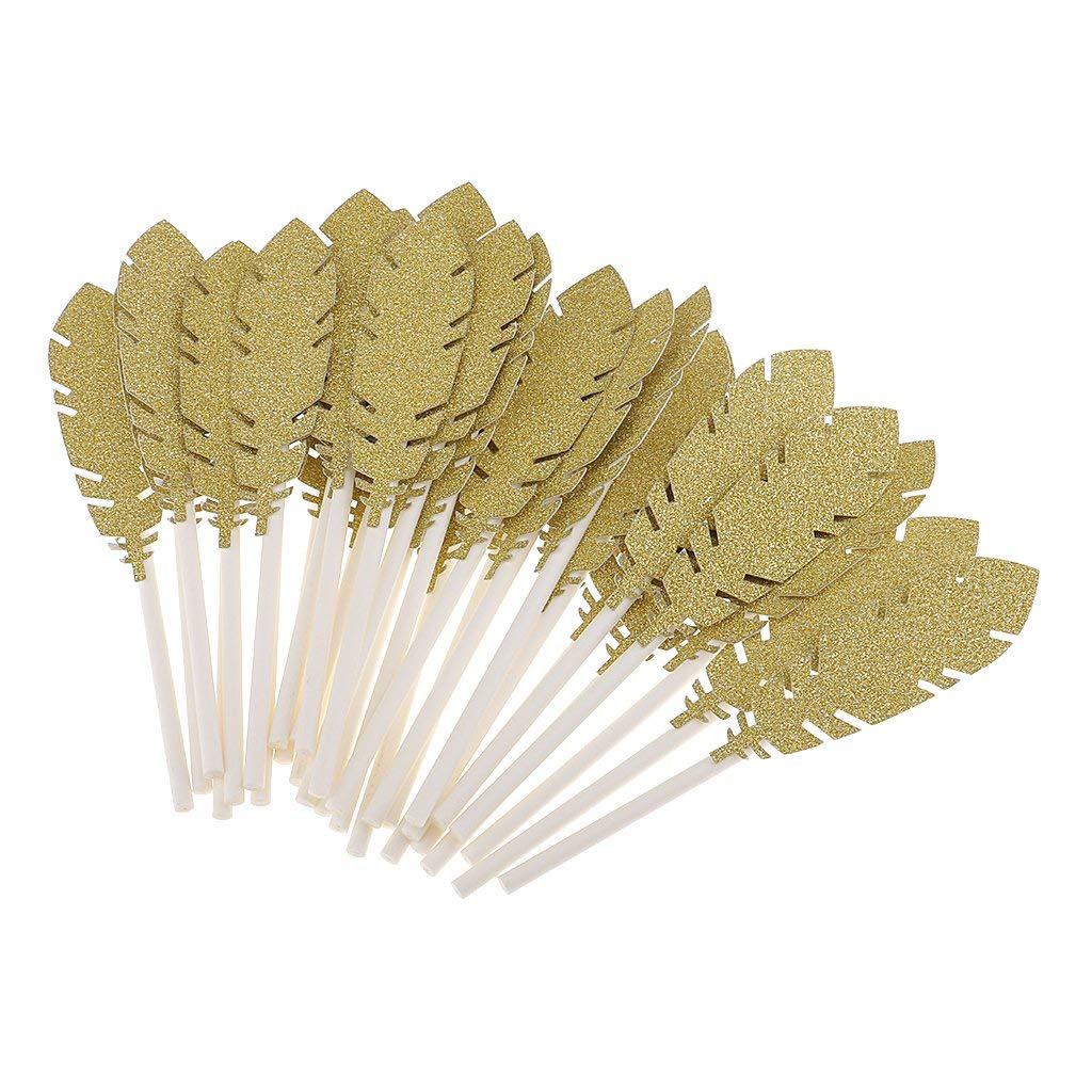 30pcs Gold Glitter Feather Cake Toppers - Elegant Cupcake Food Picks for Baby Shower, Birthday Party & Wedding Cake Decorations - Perfect for DIY Desserts and Special Celebrations