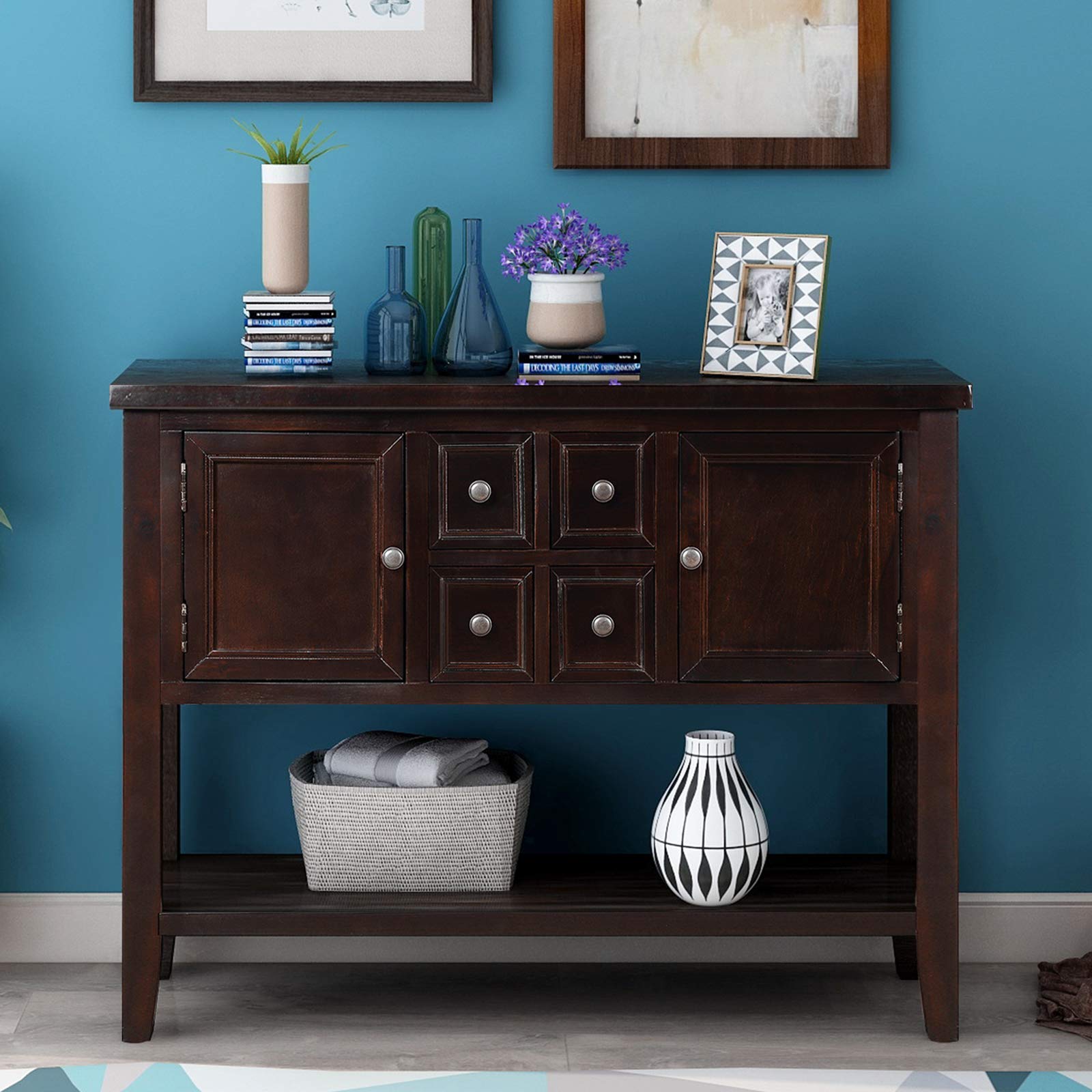 P PURLOVE Espresso Console Table with 4 Drawers & 2 Cabinets - Entryway Sofa Table, Buffet Sideboard for Living Room, Hallway Storage Furniture with Bottom Shelf