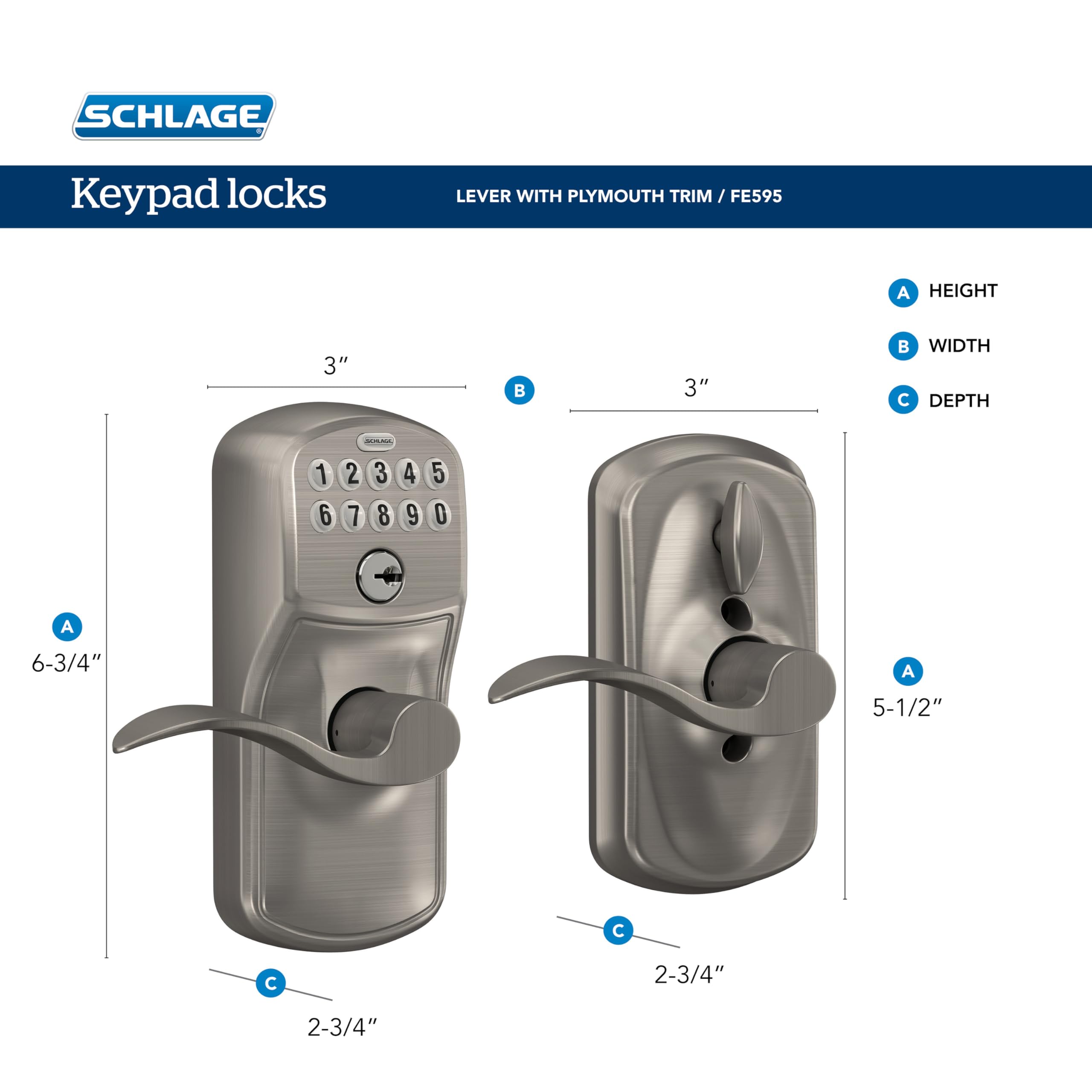 Schlage FE595 PLY 622 LAT Plymouth Keypad Entry Door Lock with Flex-Lock Technology & Latitude Lever - Matte Black Finish | Secure Keyless Entry for Homes & Offices