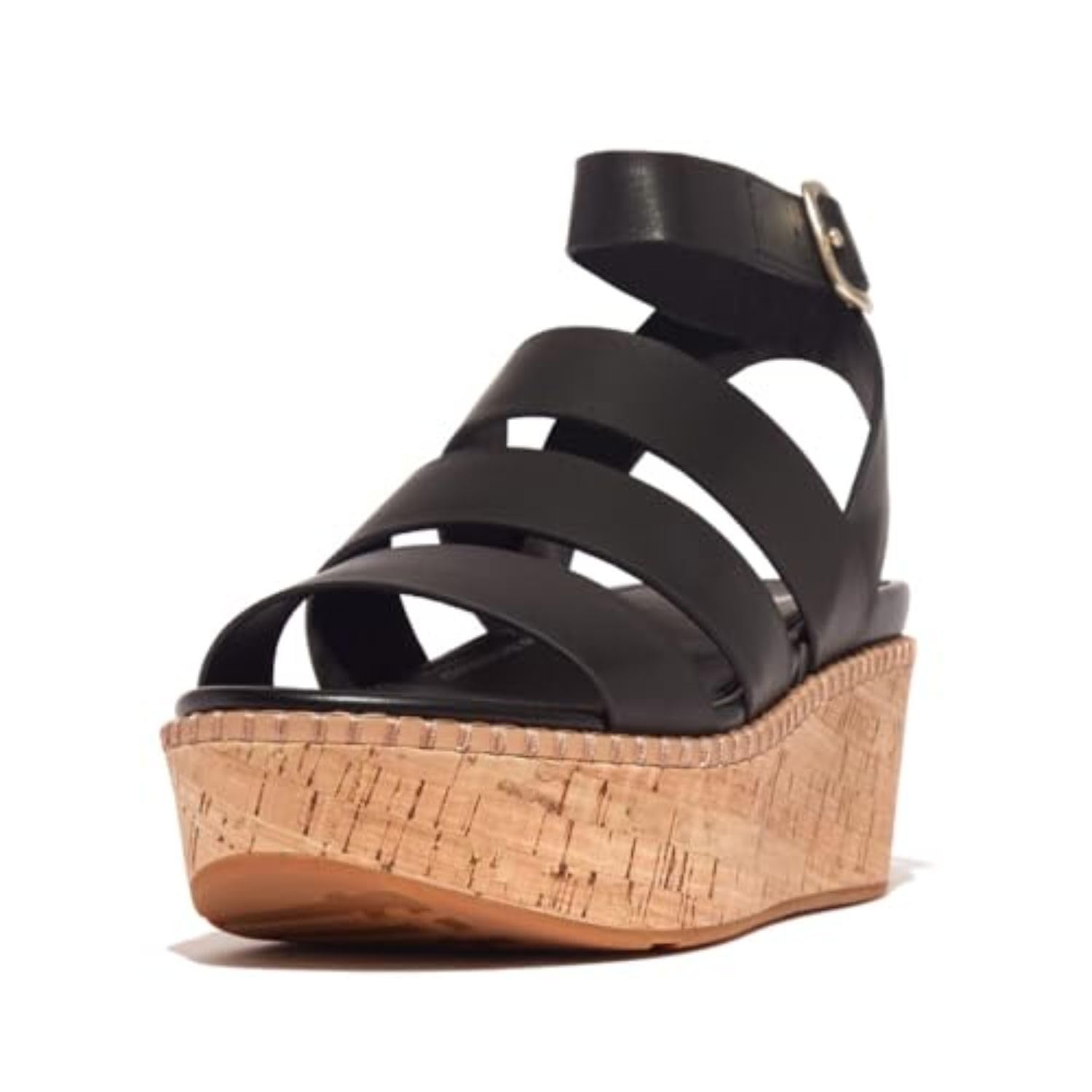 FitFlop Women's Eloise Leather Cork Strappy Wedge Sandals - Comfortable & Stylish Summer Shoes for Walking, Travel & Casual Outings