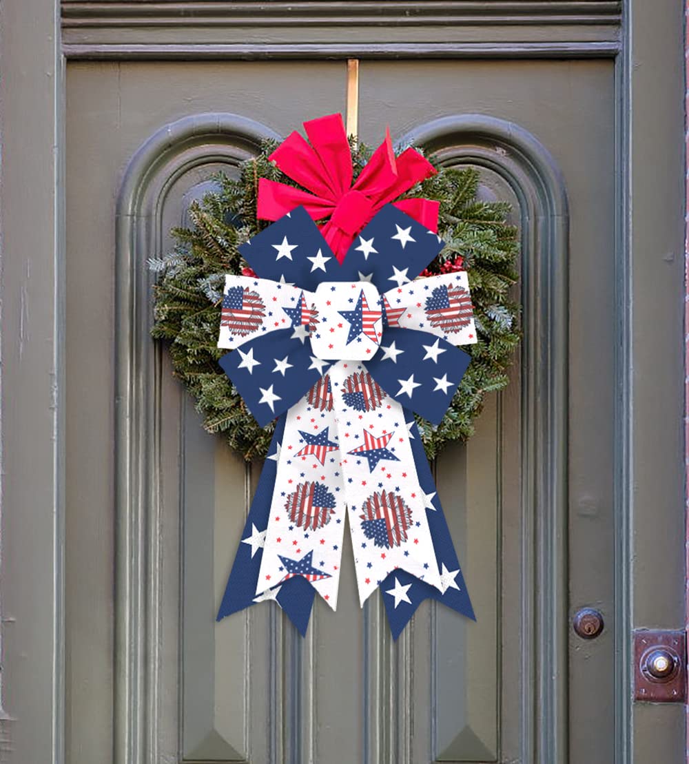 4th of July Wreath Bows - Patriotic American Flag Burlap Bows for Front Door & Memorial Day Decor